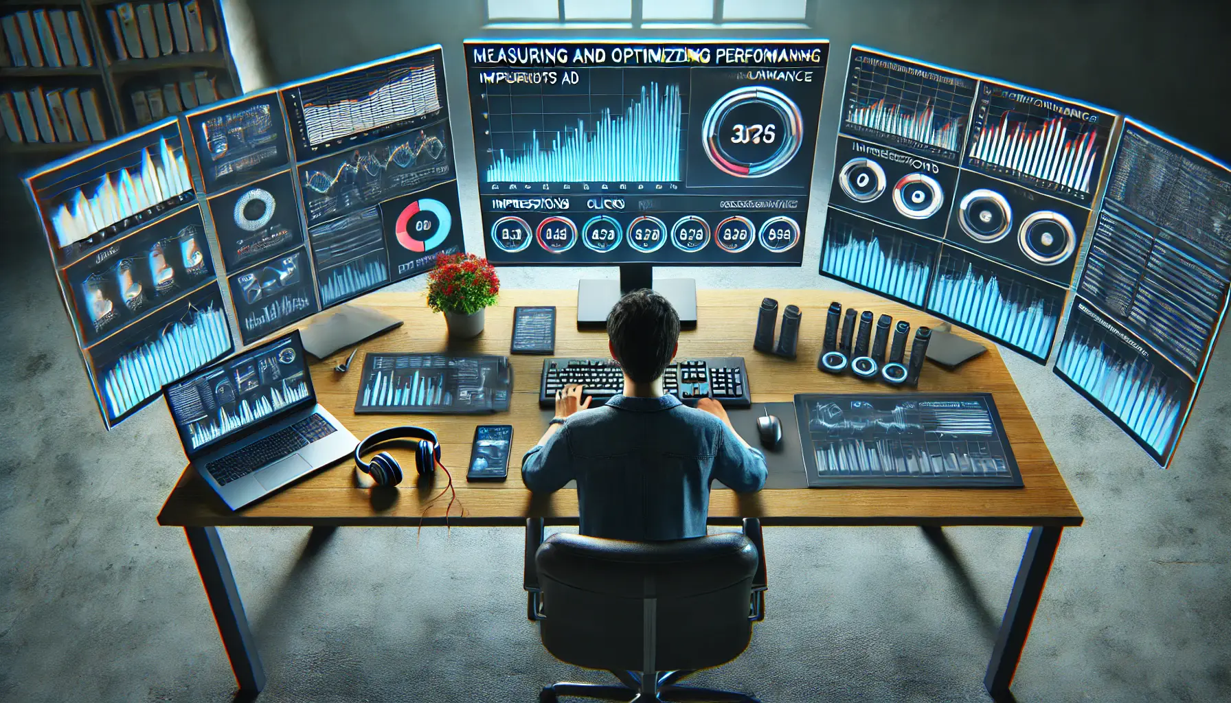 A digital illustration of a person working at a desk with multiple monitors displaying audio ad performance metrics like impressions, clicks, and conversions, surrounded by digital marketing tools like headphones and a laptop.