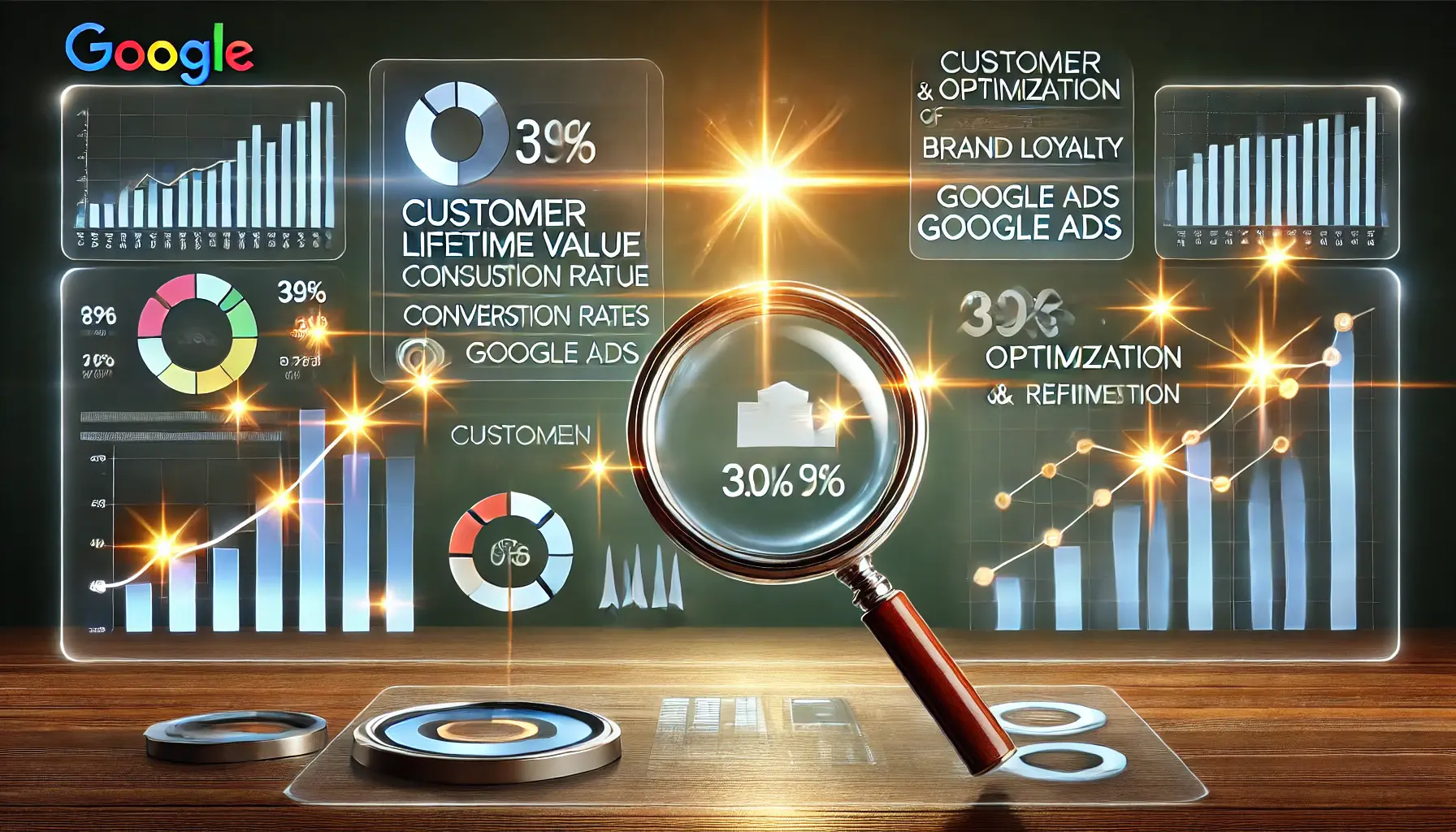 Illustration of a digital dashboard with metrics and optimization tools for brand loyalty in Google Ads.