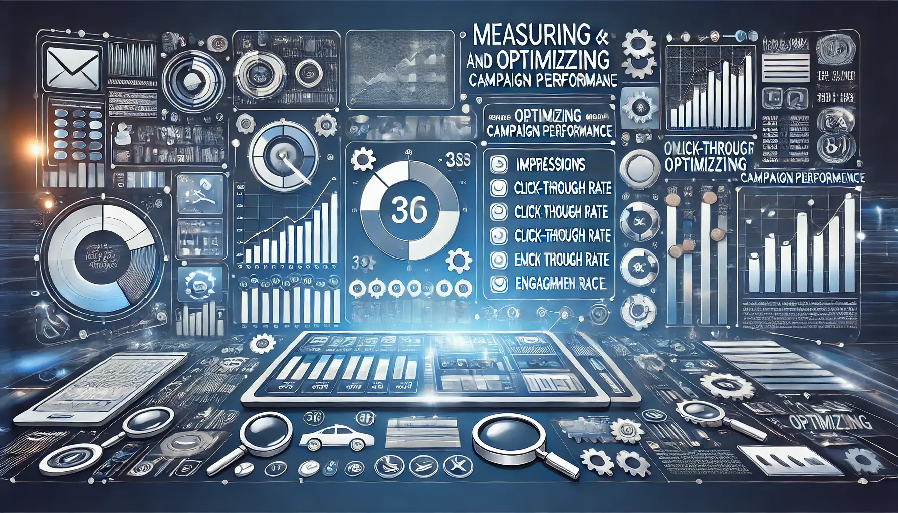 A digital dashboard displaying campaign metrics like impressions, click-through rates, and engagement rates, surrounded by analytics and optimization tools such as sliders and magnifying glasses.