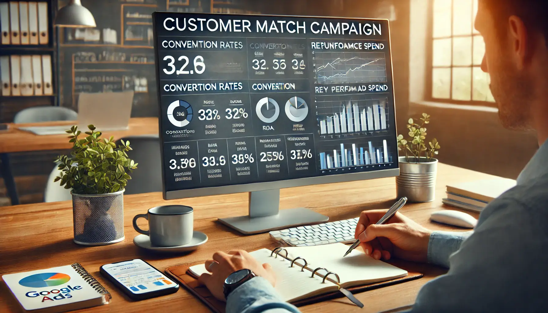 A digital marketer analyzing detailed performance data for a Google Ads Customer Match campaign, with charts and key metrics visible on the screen.