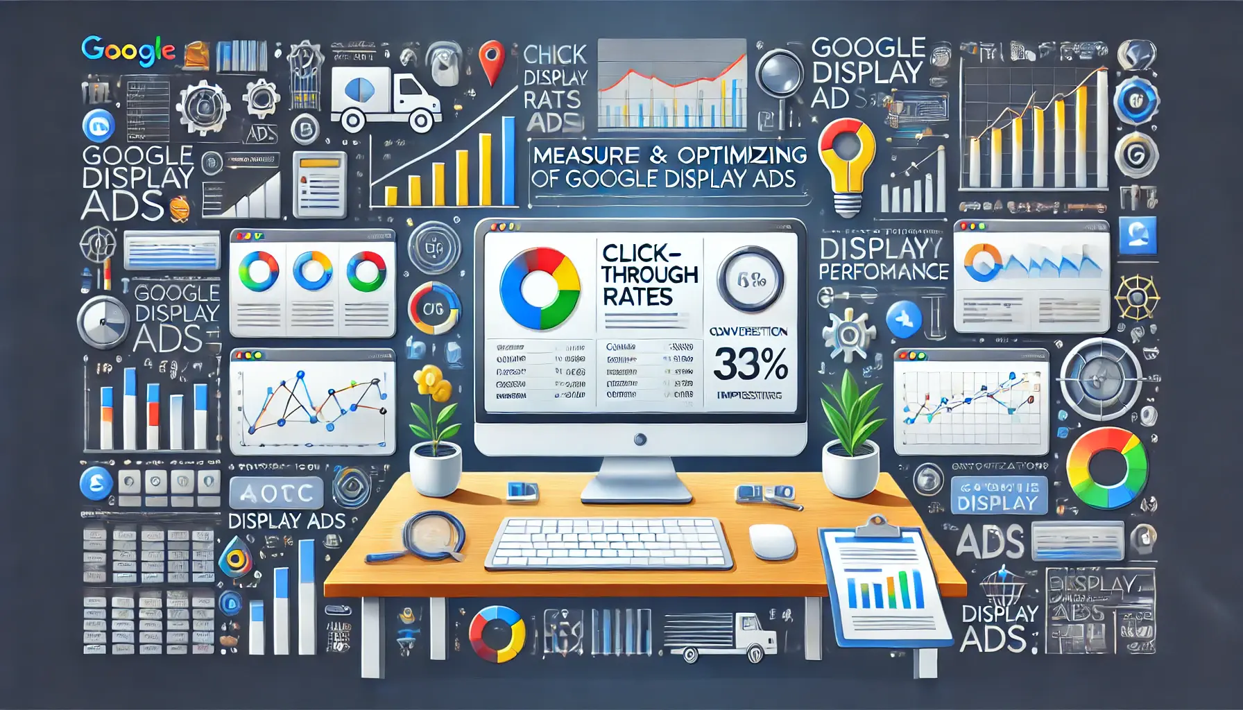 A professional workspace with a computer displaying analytics dashboards showing key metrics like click-through rates, conversions, and impressions, surrounded by optimization and data analysis icons.