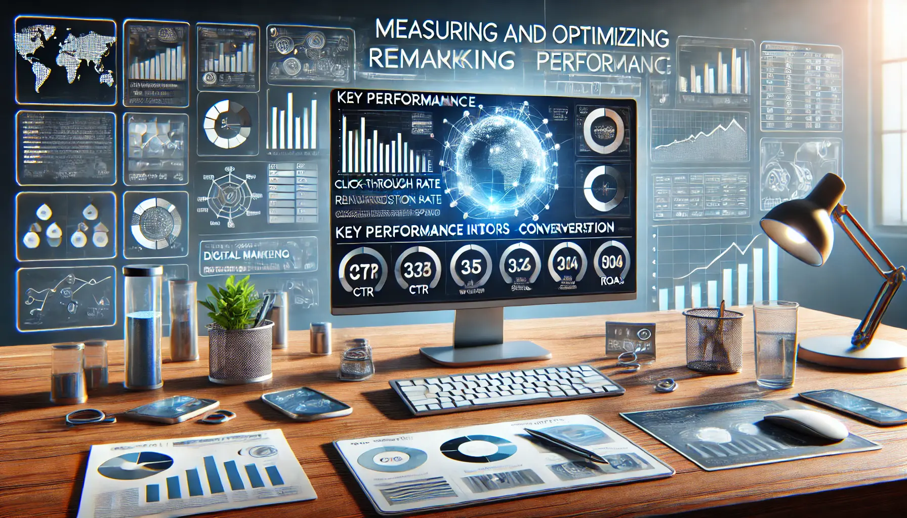 A digital marketing workspace with a computer displaying performance metrics and KPIs such as CTR, conversion rate, and ROAS, focusing on remarketing optimization.