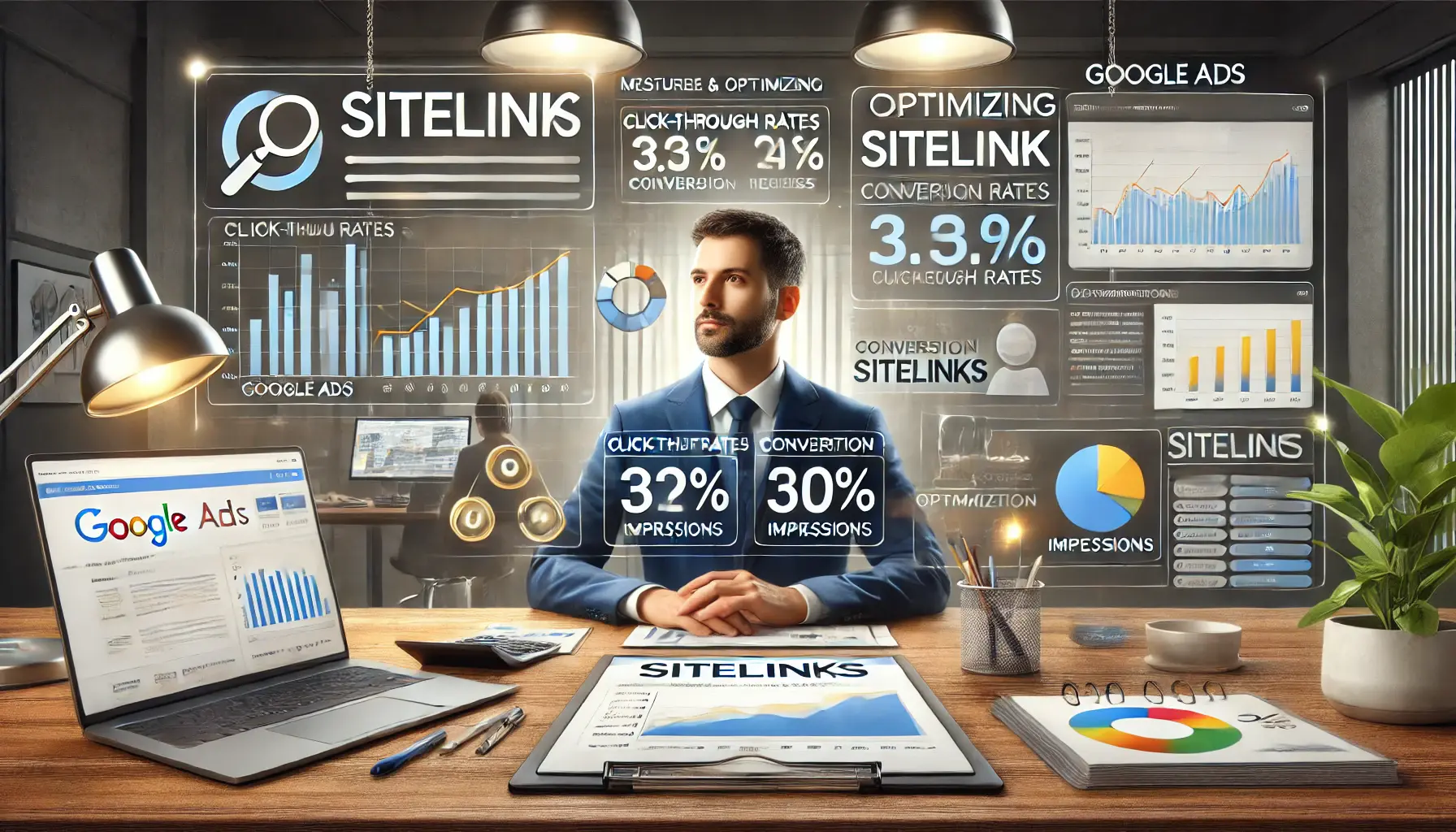 A Google Ads dashboard showcasing key metrics for sitelinks, including click-through rates, conversions, and charts for optimization.