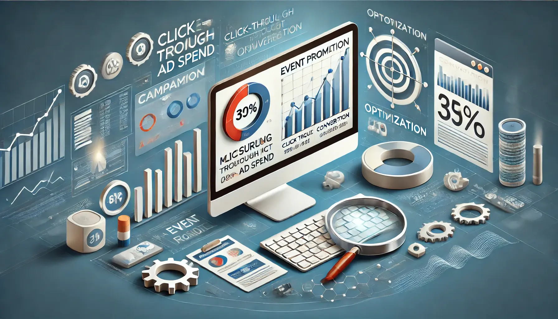 An illustration of measuring and optimizing an event promotion campaign, showing performance metrics and optimization tools.