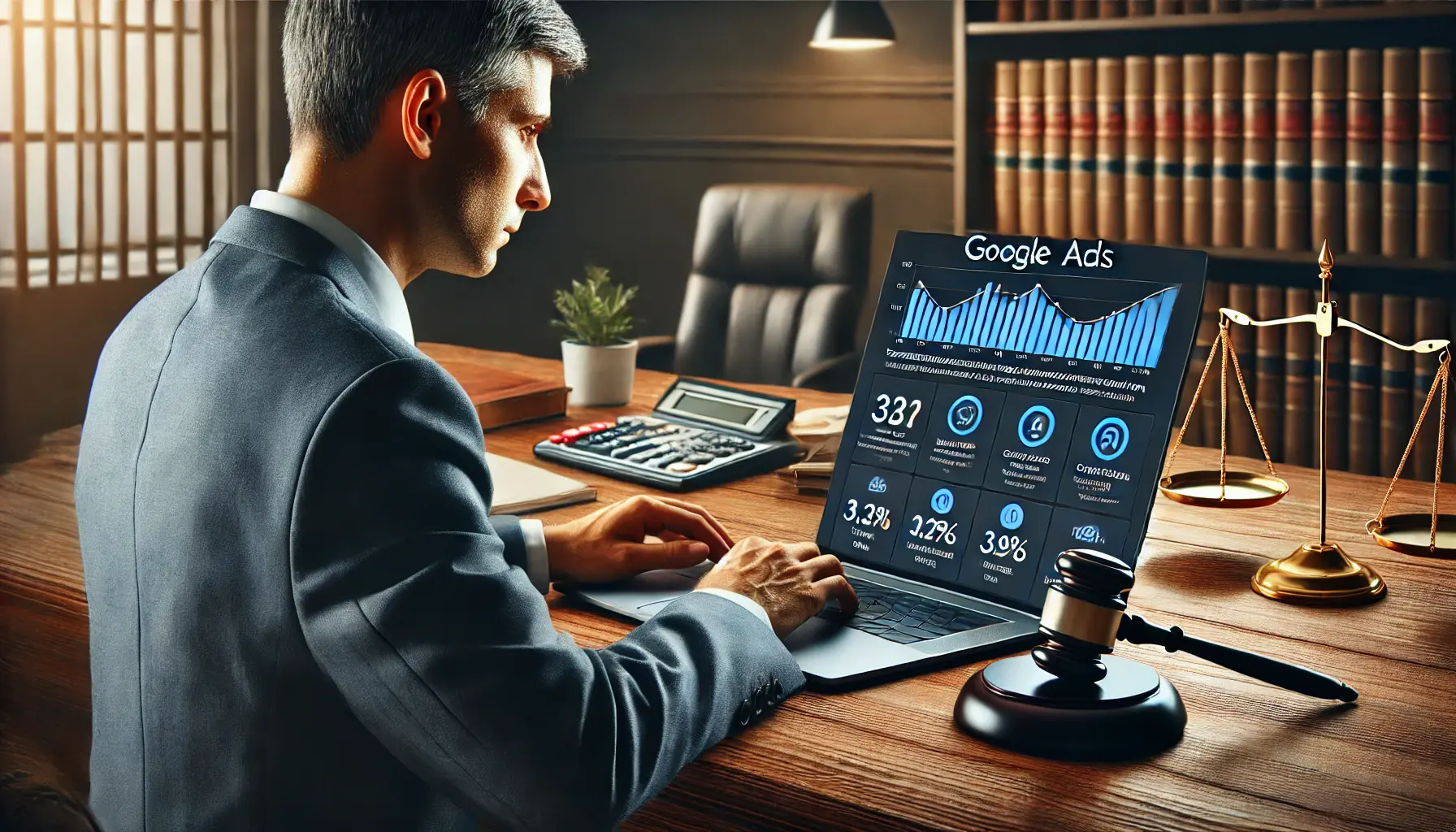 Illustration of a lawyer analyzing Google Ads performance data on a laptop, with law books and a gavel in the background.