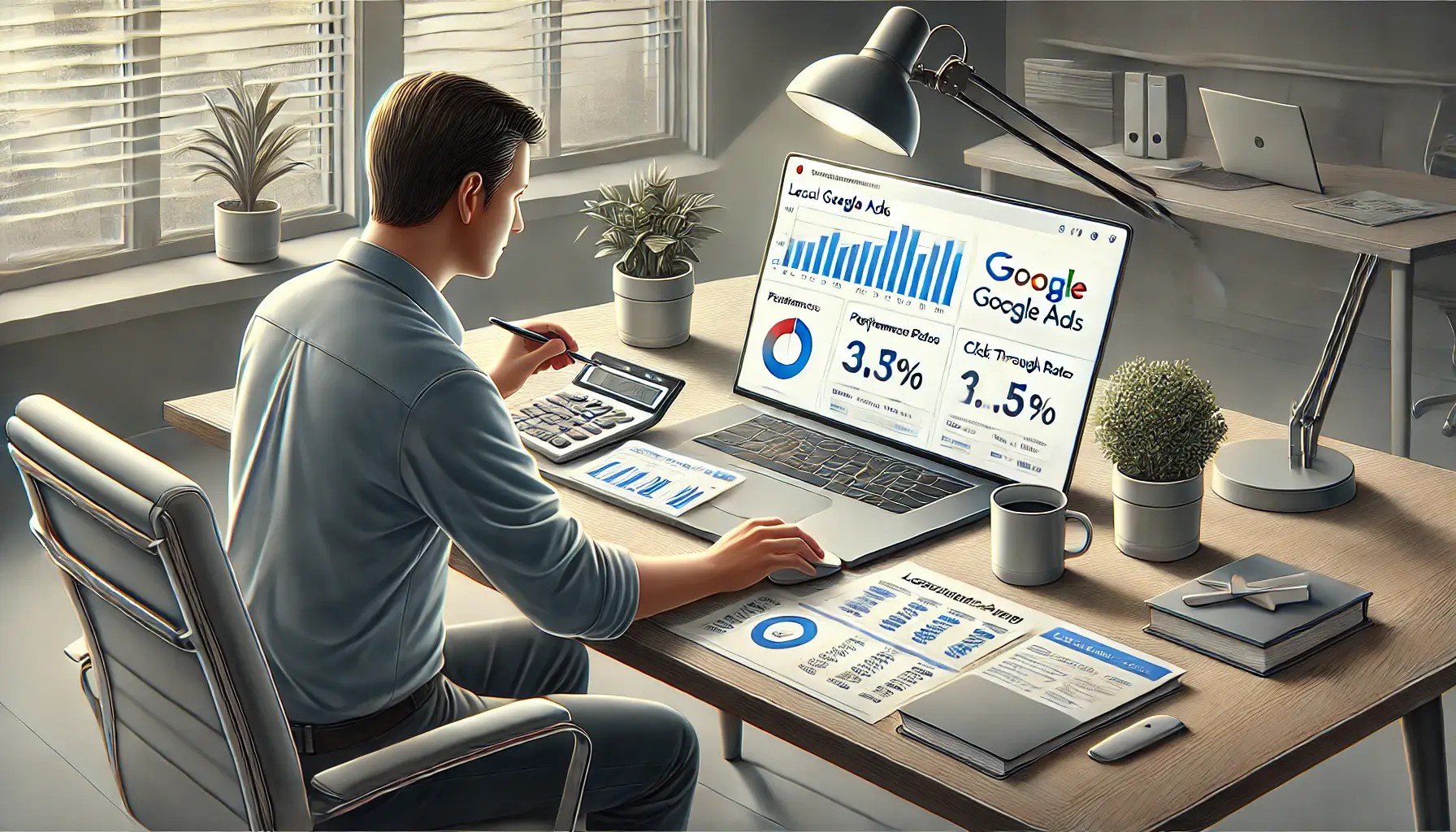 A small business owner analyzing performance metrics and optimizing a local Google Ads campaign on a laptop.