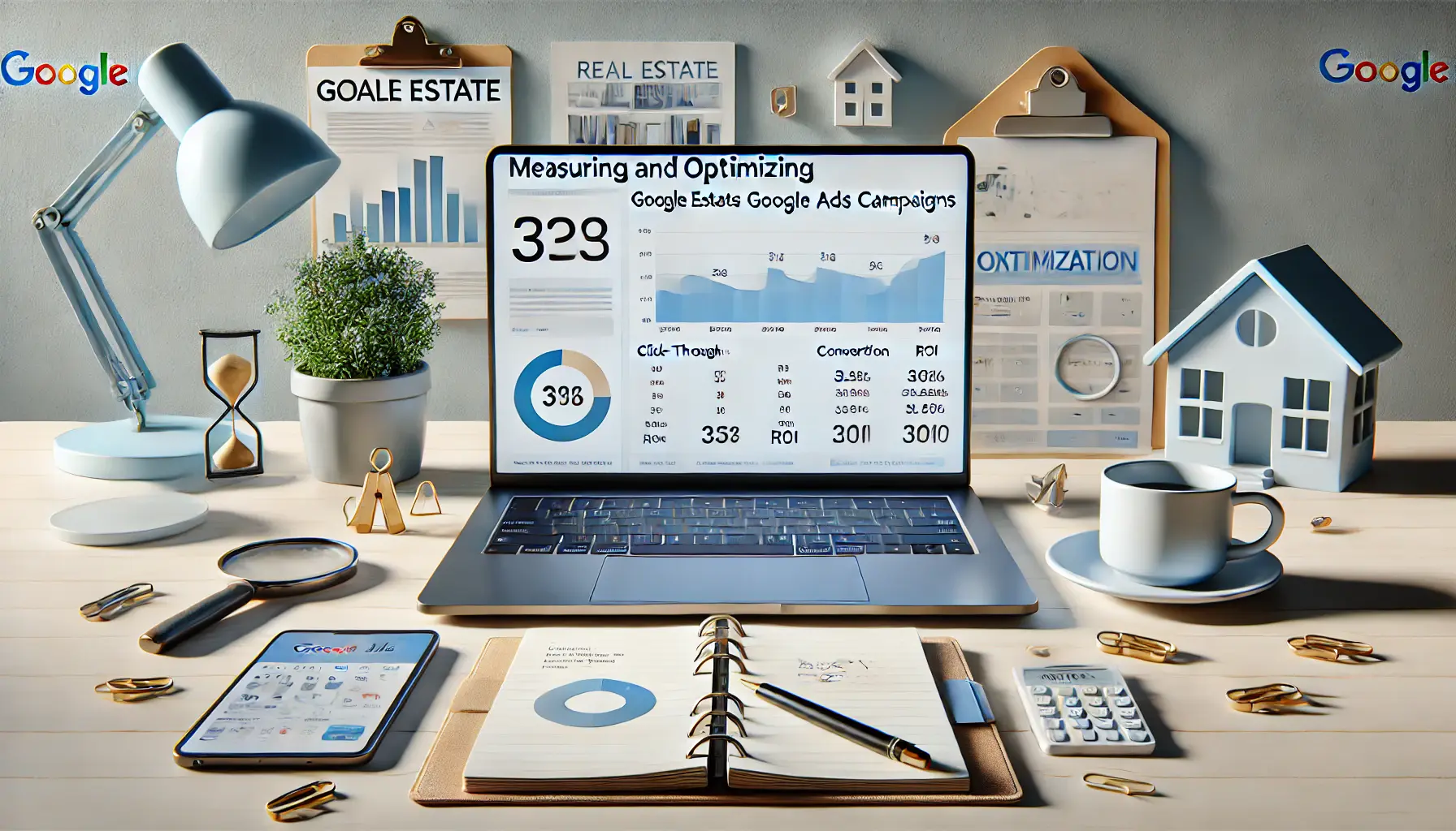 A digital marketing workspace with a laptop displaying a Google Ads performance dashboard with metrics and optimization options.