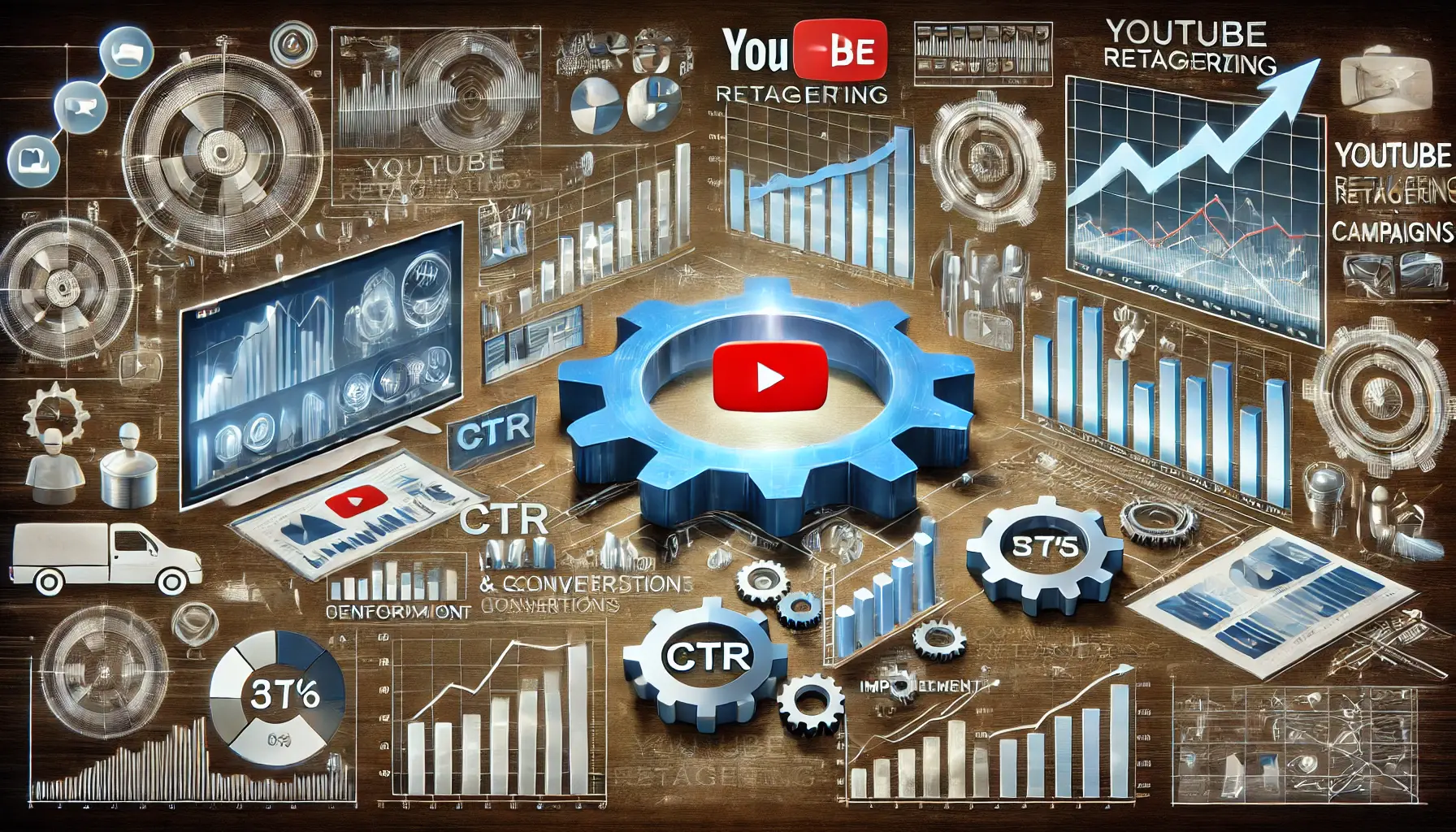 An image depicting the process of measuring and optimizing YouTube retargeting campaigns, featuring a dashboard with analytics tools, graphs, and optimization icons.