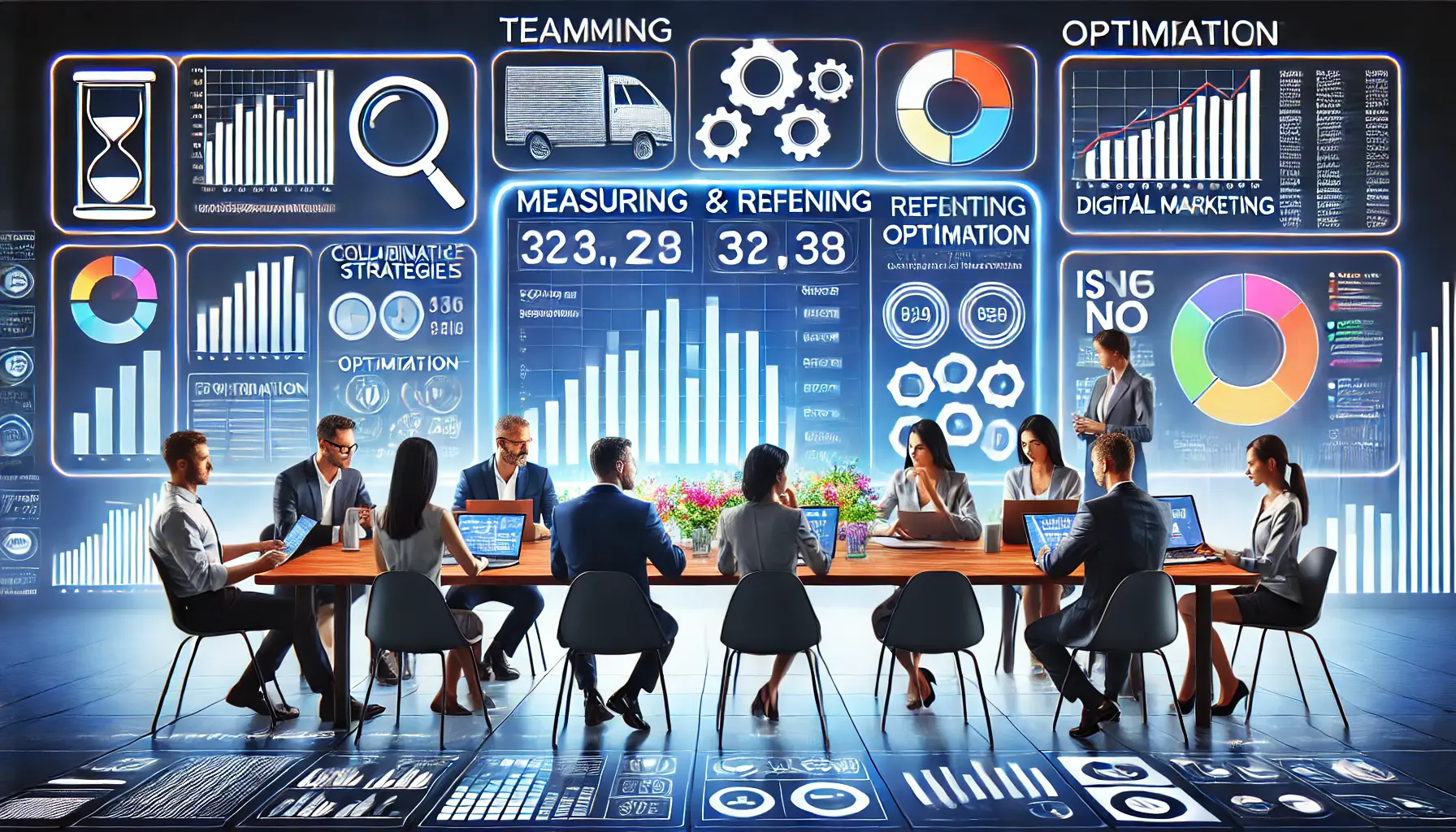 Marketers discussing data and refining strategies around a digital screen displaying performance metrics and optimization data in a modern workspace.