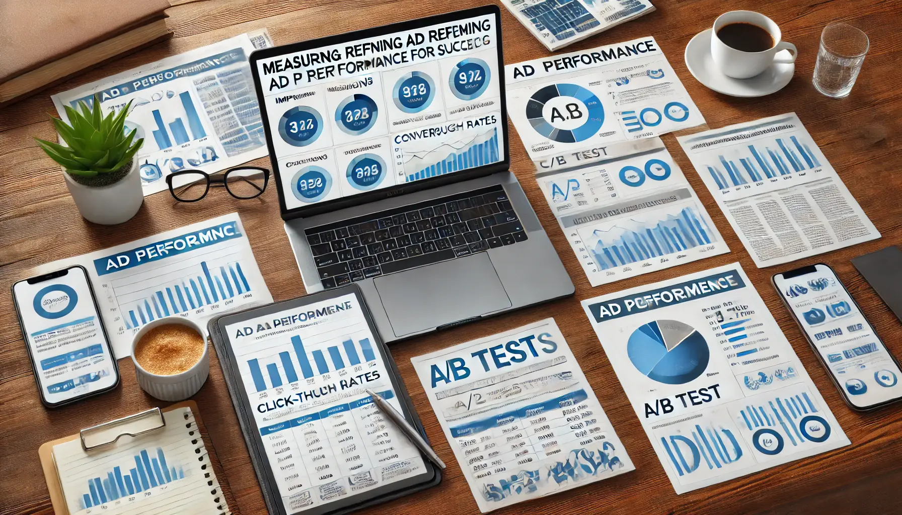 A workspace with a laptop displaying ad performance metrics, printed reports, and a tablet showing A/B test results, symbolizing the process of measuring and refining for success.