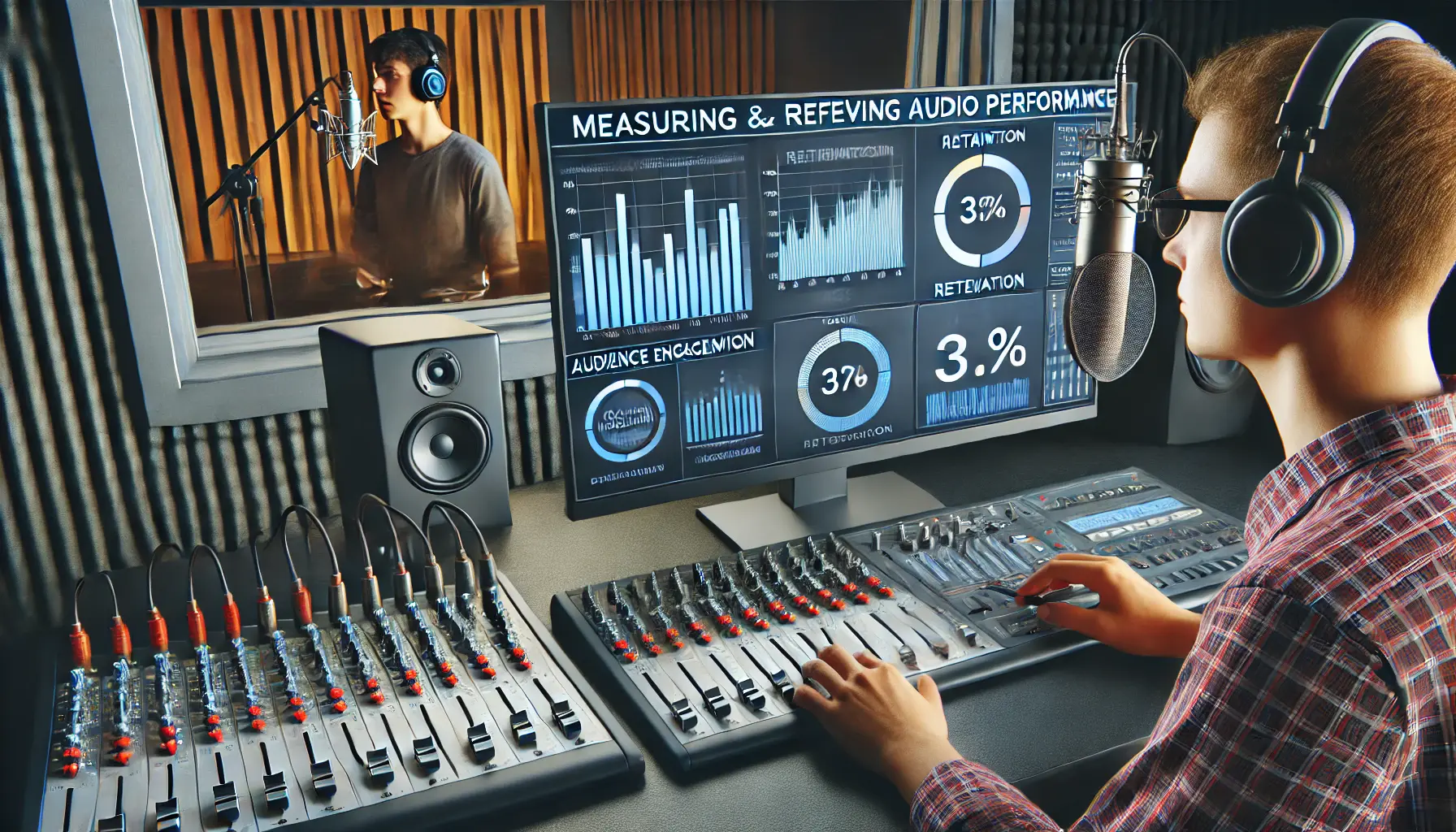 A sound engineer analyzing performance data on a computer screen and adjusting audio levels, with a recording booth visible in the background.