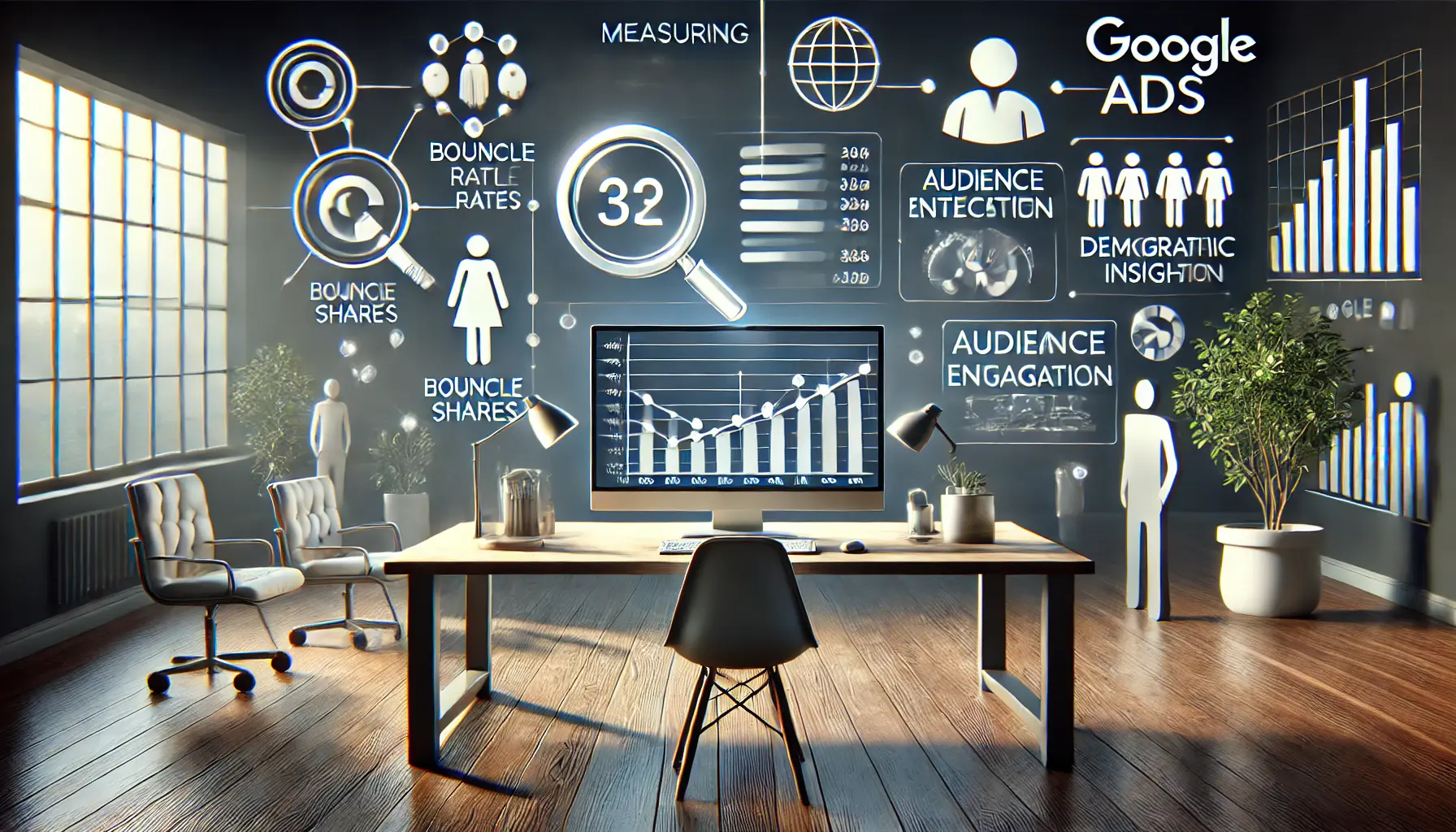 A workspace featuring a desktop screen displaying analytics dashboards focused on audience engagement metrics and user interaction insights.