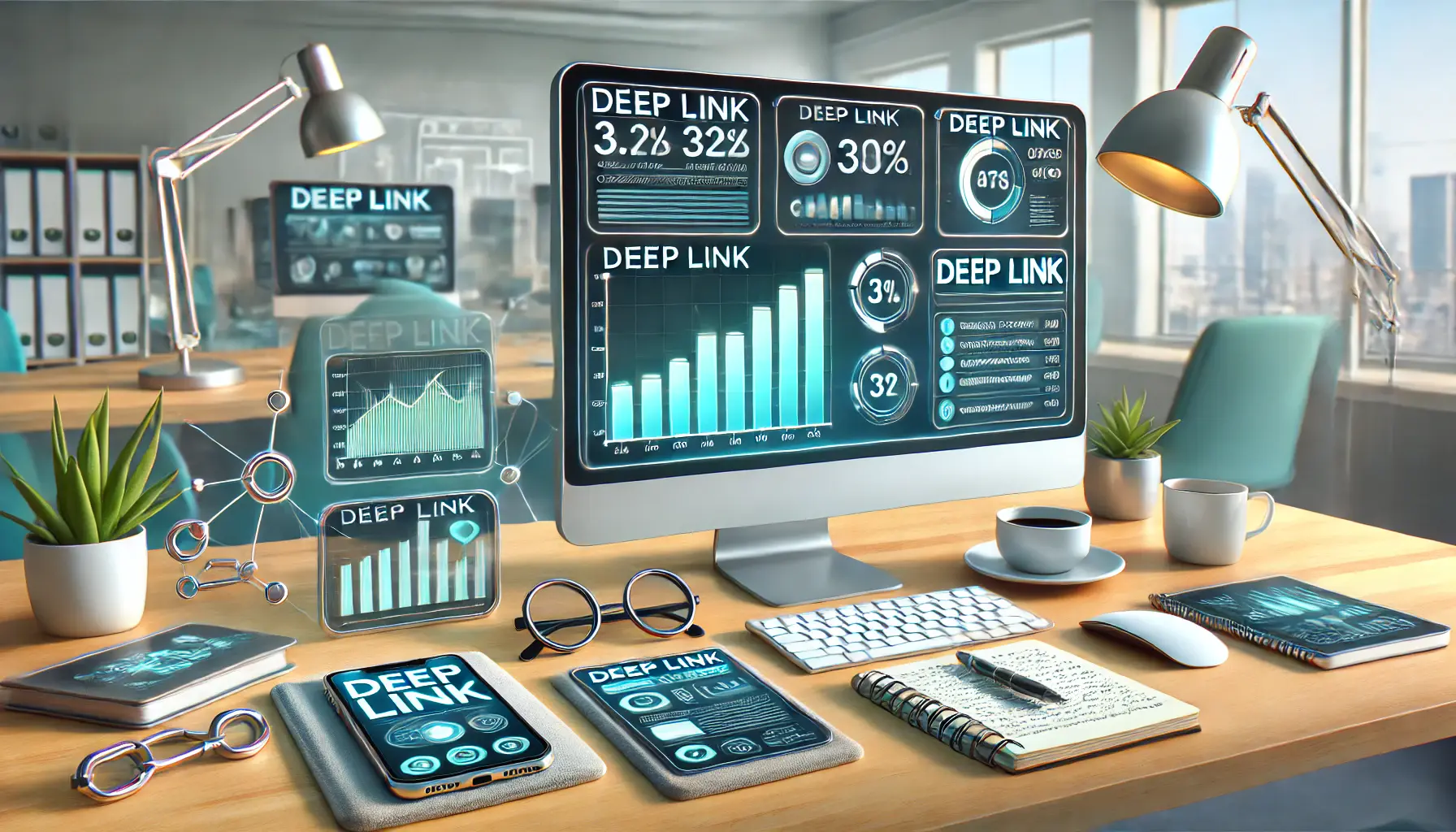 A workspace with a computer screen displaying deep link performance metrics, including data on user interactions and conversions.