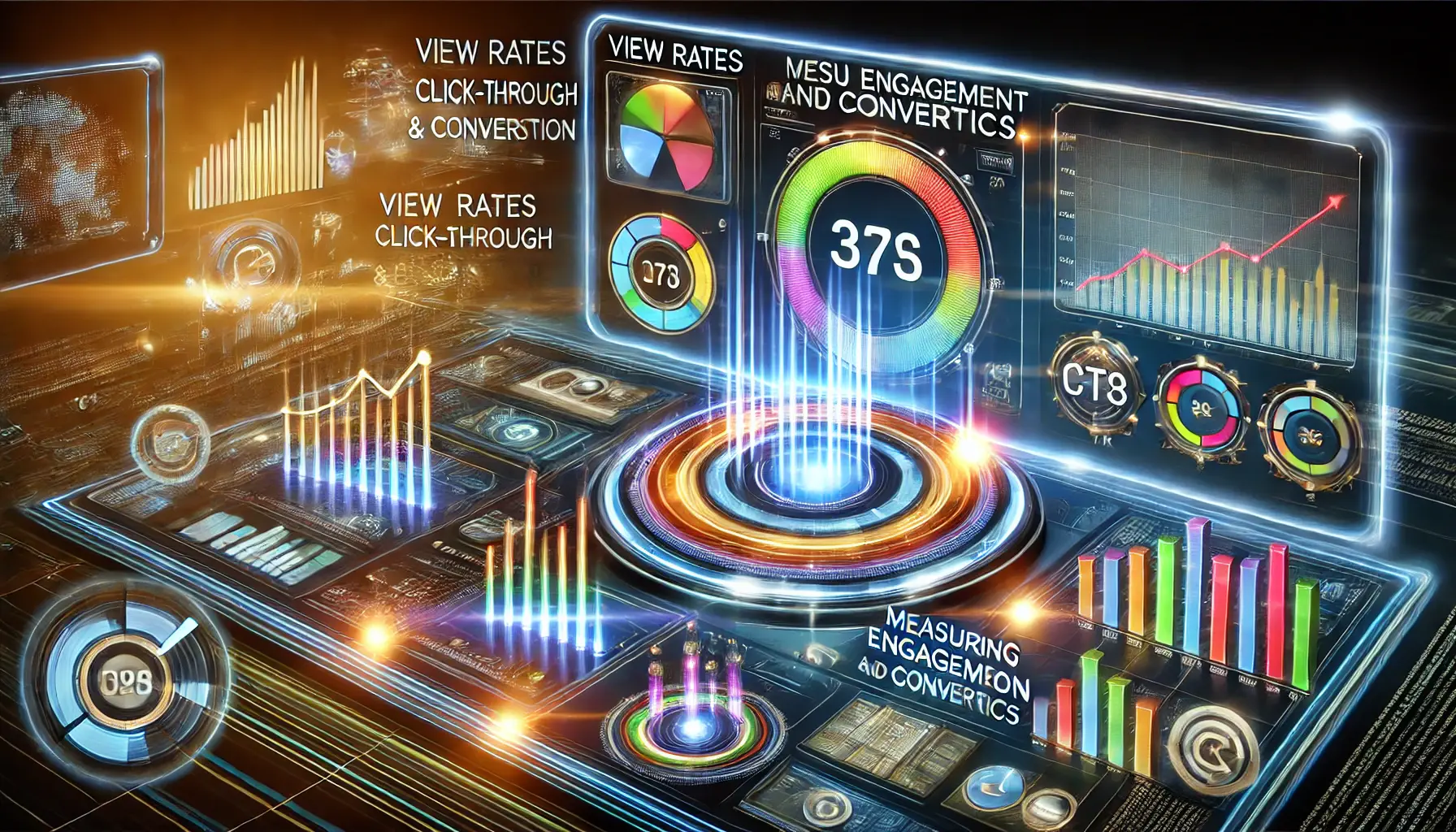 A futuristic dashboard showcasing vibrant charts and graphs of engagement and conversion metrics in digital advertising.