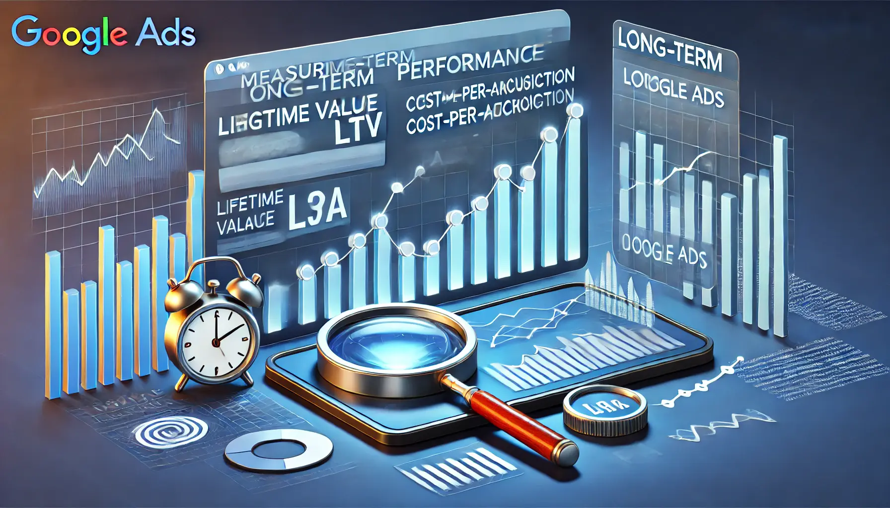 An illustration representing measuring long-term performance in Google Ads, featuring a digital dashboard with metrics like lifetime value, CPA, and conversion trends over time.