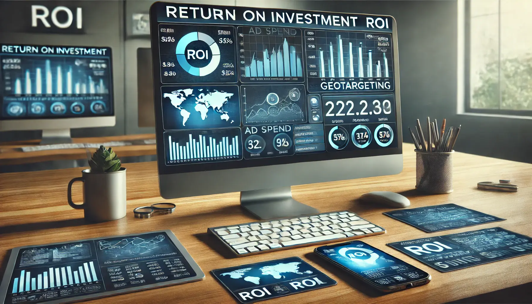 A computer screen displaying ROI graphs and financial data with a map showing geotargeted regions, emphasizing the ROI measurement of geotargeting campaigns.