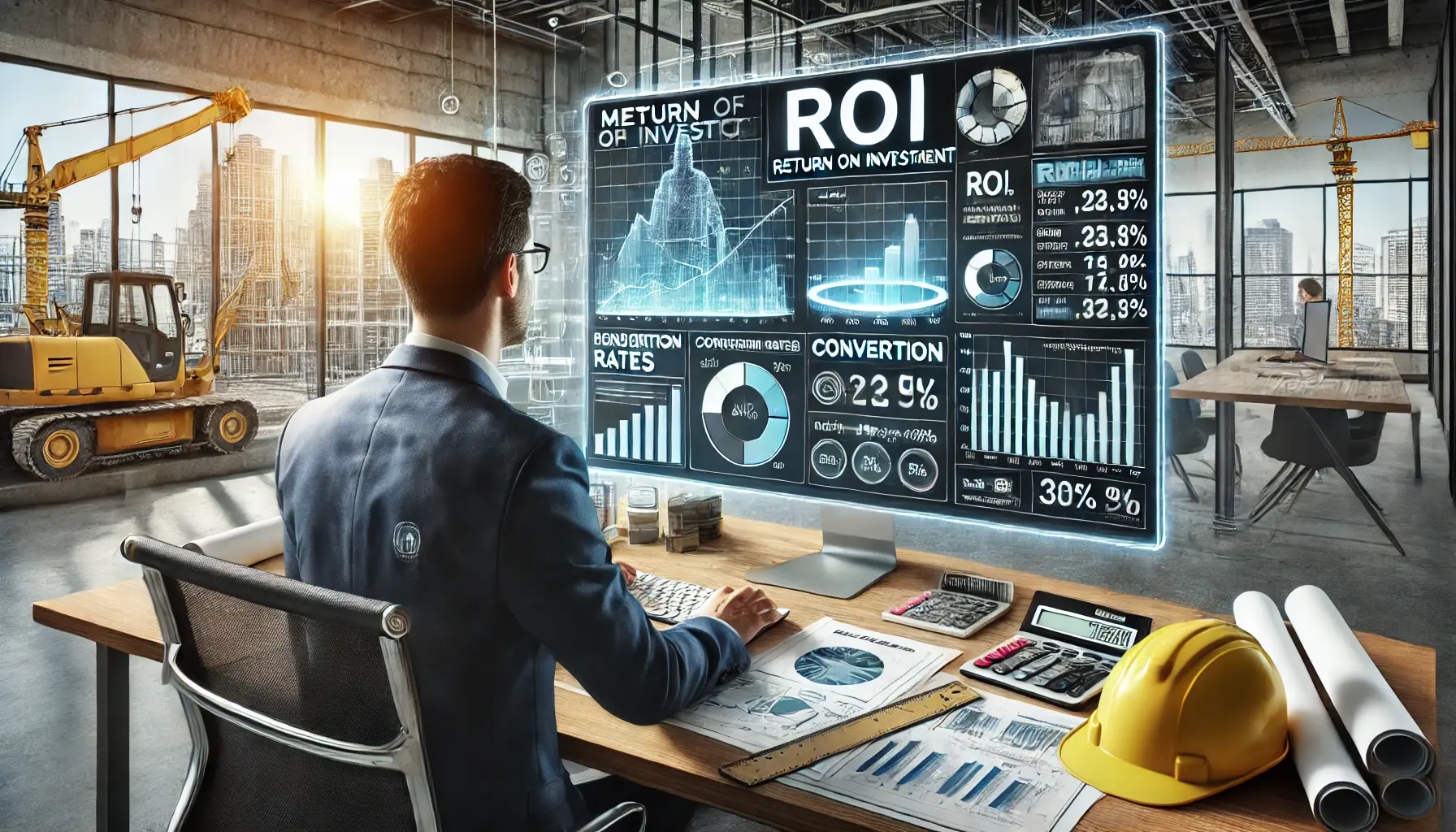 Digital marketer analyzing ROI metrics and financial data on a screen, with construction blueprints, a hard hat, and a calculator on the desk.