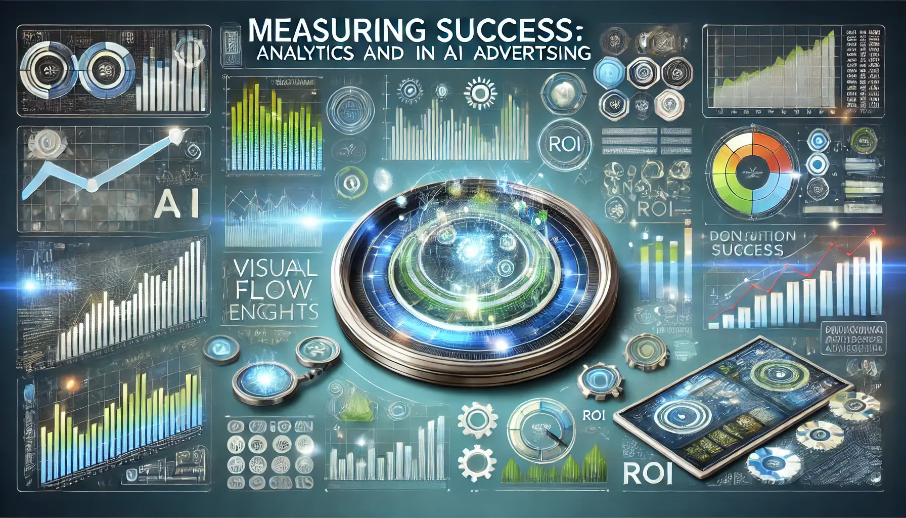 A visual representation of AI and analytics in advertising, featuring digital dashboards, data flow, and performance metrics.