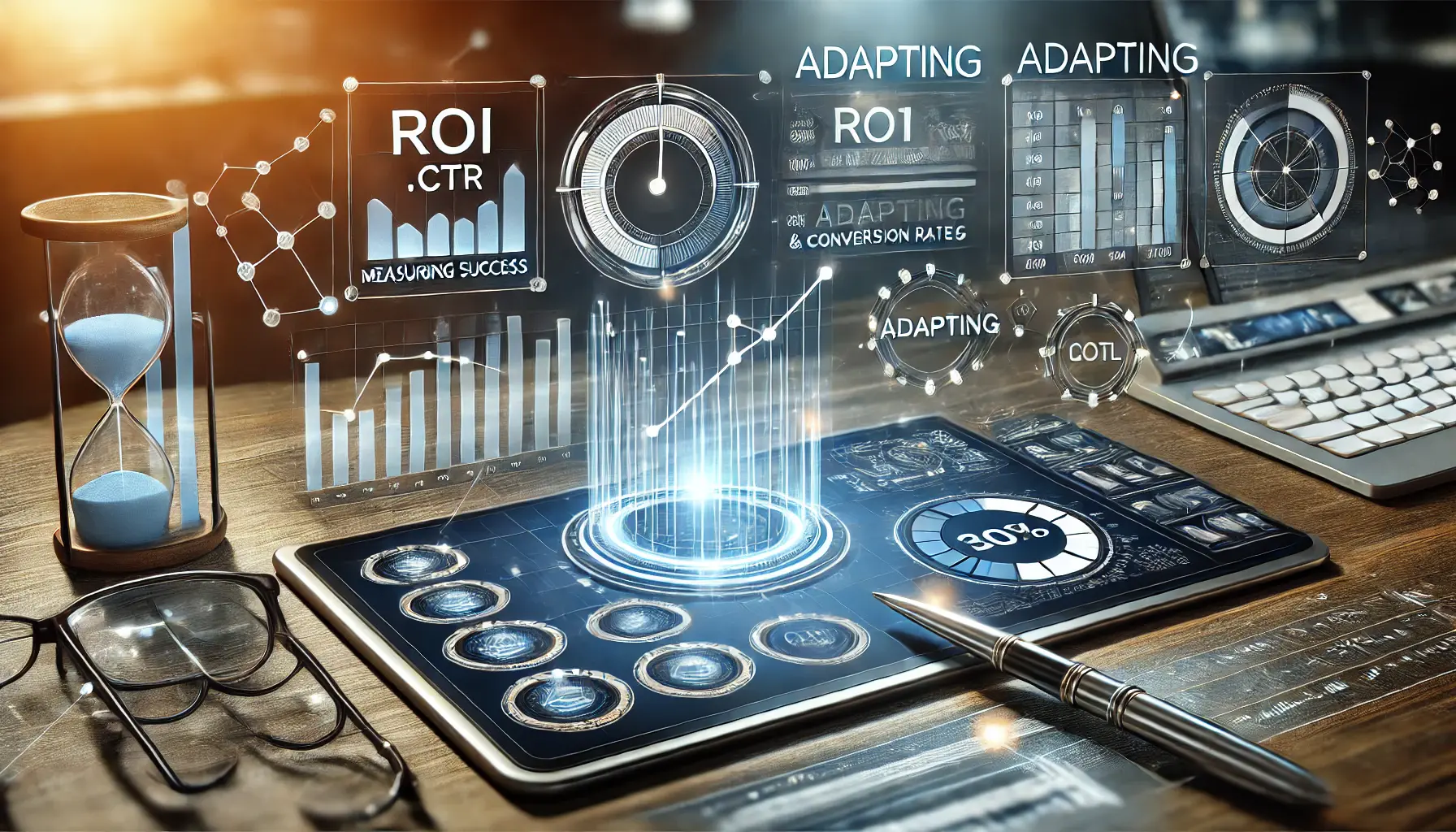 Illustration of success measurement with dashboards showing ROI, CTR, and conversion rates, alongside glowing progress bars in a futuristic workspace.