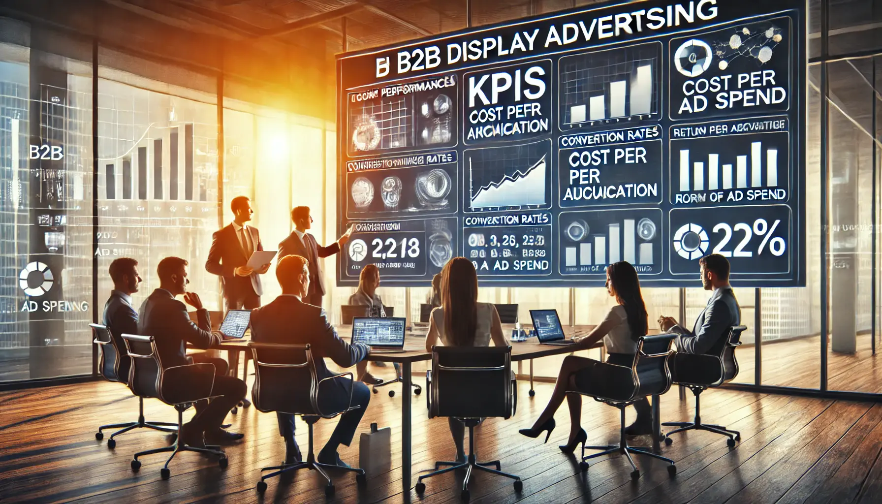 A team of marketers in a professional office setting analyzing key performance indicators (KPIs) and metrics on a large screen to measure success in B2B display advertising.