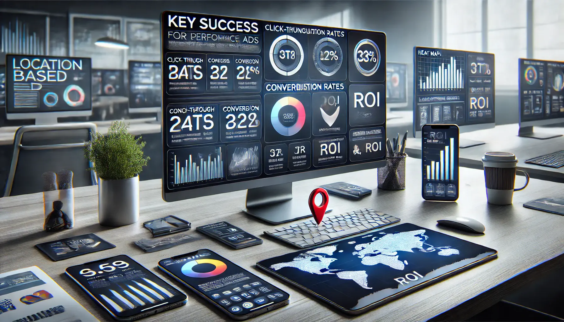 A computer screen displaying key performance metrics such as click-through rates, conversion rates, and ROI, with heat maps showing ad performance.