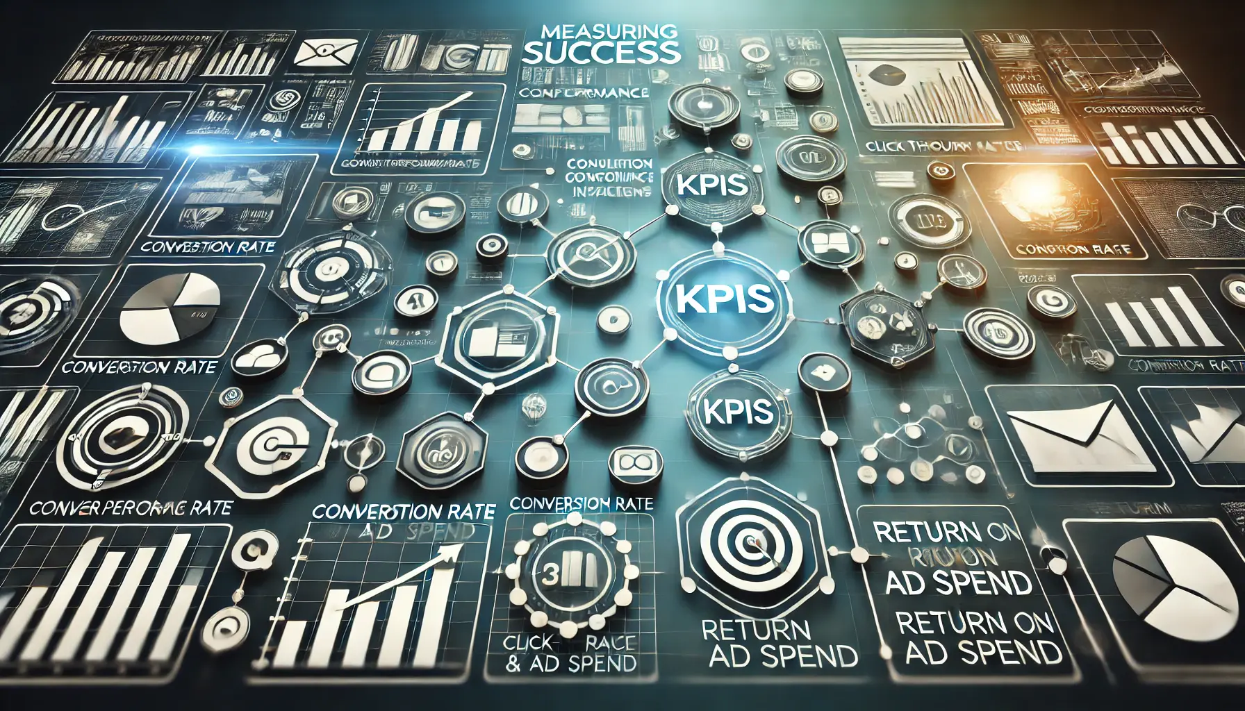 Image depicting the concept of measuring success through KPIs and metrics with icons like charts, graphs, and data points.