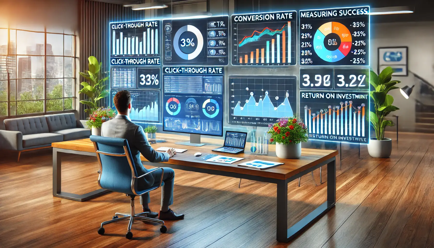 A marketer analyzing a digital dashboard displaying performance metrics such as CTR, conversion rate, and ROI with colorful graphs and charts.