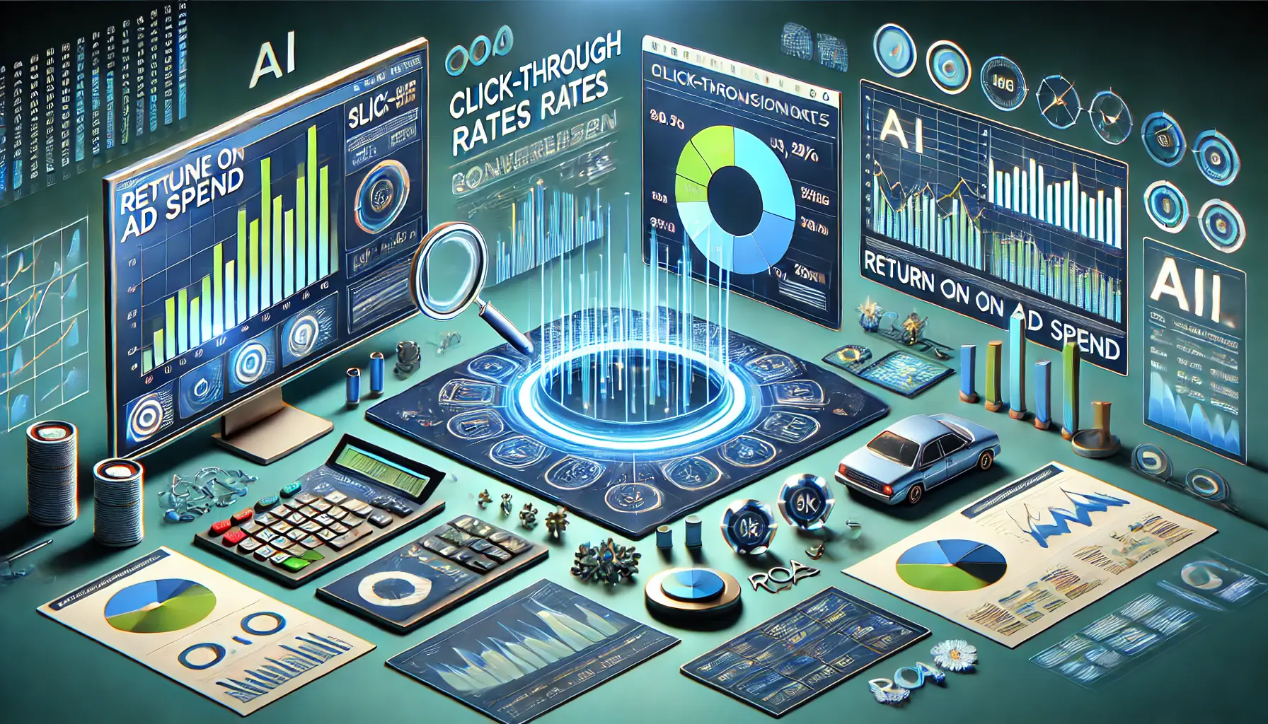 Digital dashboard with AI-driven performance metrics, including click-through rates and return on ad spend.