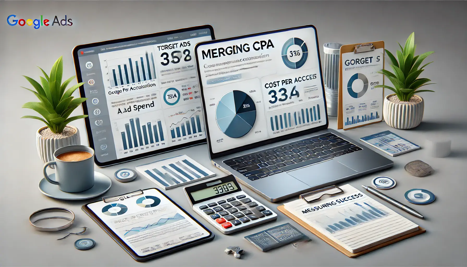 A professional workspace with a laptop displaying a Google Ads dashboard with key performance metrics like conversions, cost per acquisition, and ROAS, alongside a tablet showing campaign analytics.