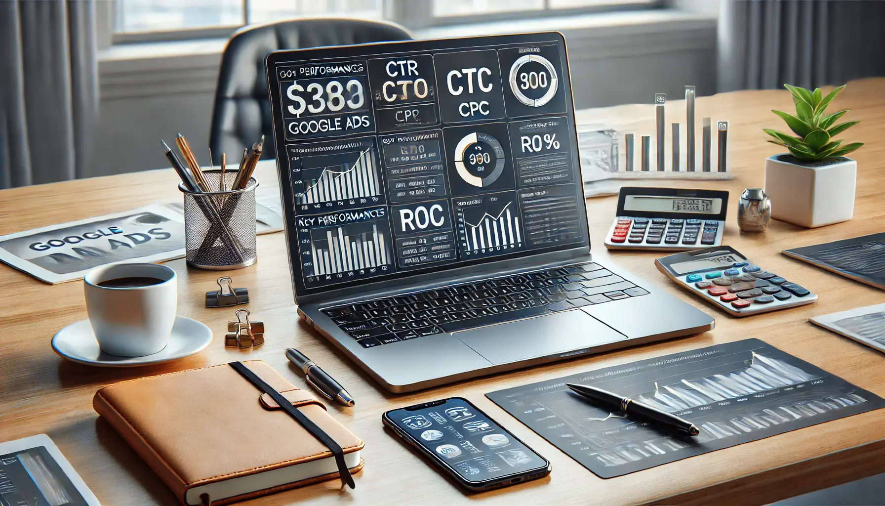 A laptop displaying detailed analytics graphs and KPIs like CTR, CPC, and ROAS, surrounded by a notebook, pen, smartphone, and coffee cup on a clean desk in a modern office.