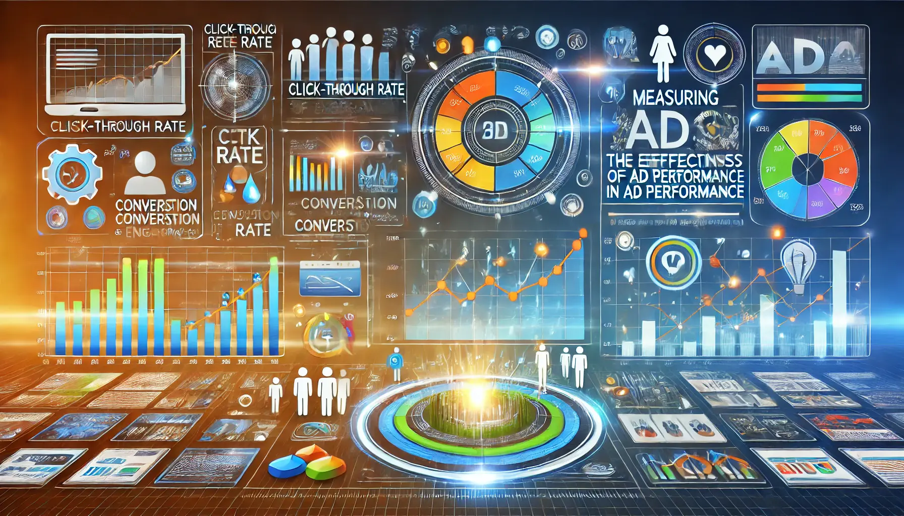 An image showing a dashboard with key performance metrics like CTR, conversion rate, and engagement, surrounded by storytelling elements like emotion and transformation icons.