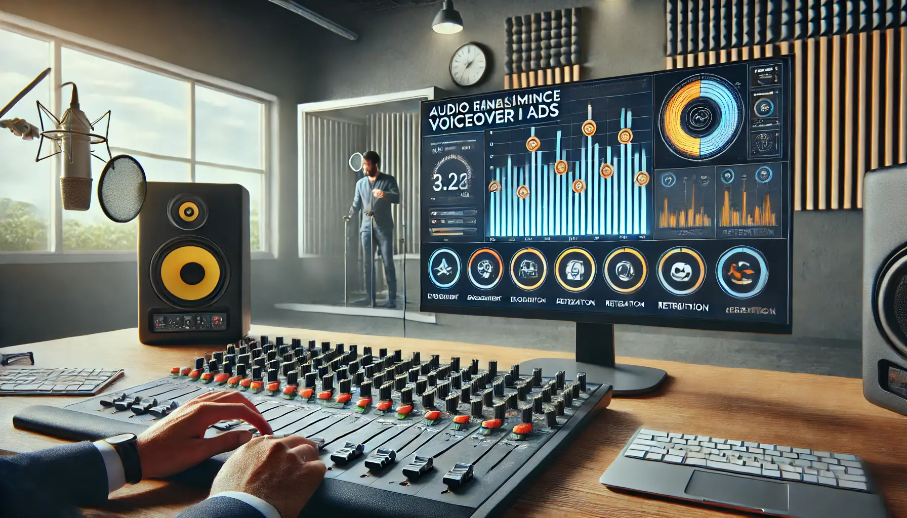 A sound engineer analyzing audio performance data with graphs and charts, while monitoring voiceover effectiveness in an ad.