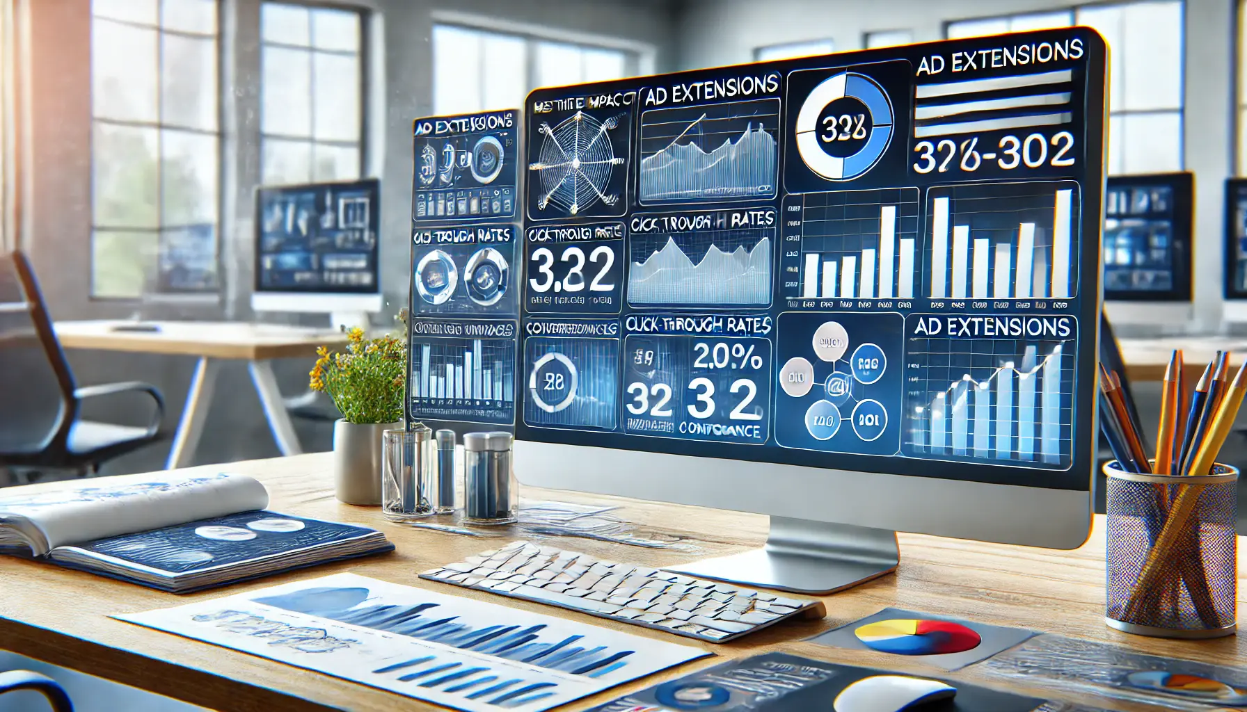 A digital marketing dashboard displaying performance metrics like click-through rates, conversions, and ROI on a computer screen.