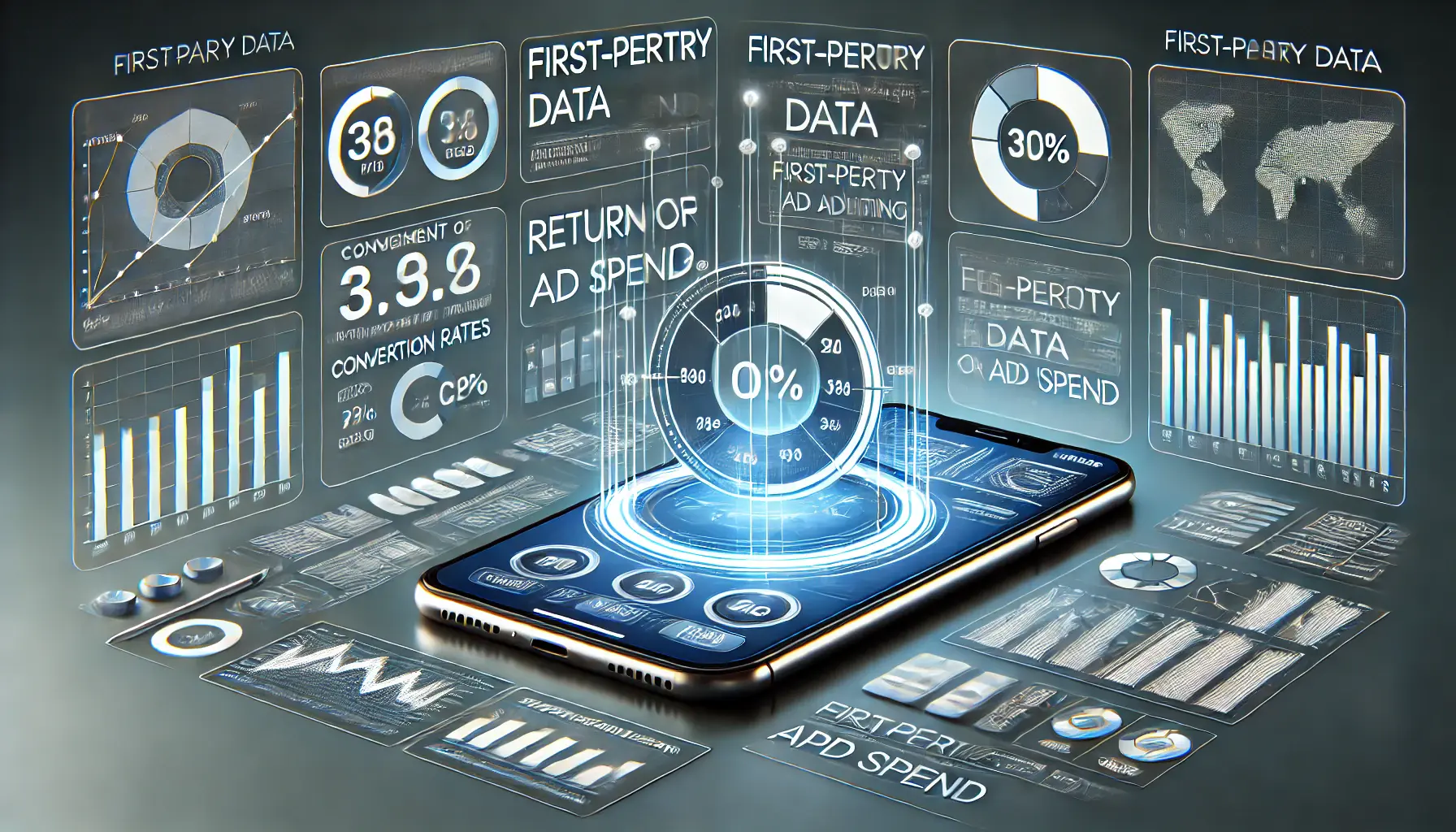 An image showing app performance metrics like conversion rates, ROAS, and CPI on a smartphone or tablet with graphs and data points.