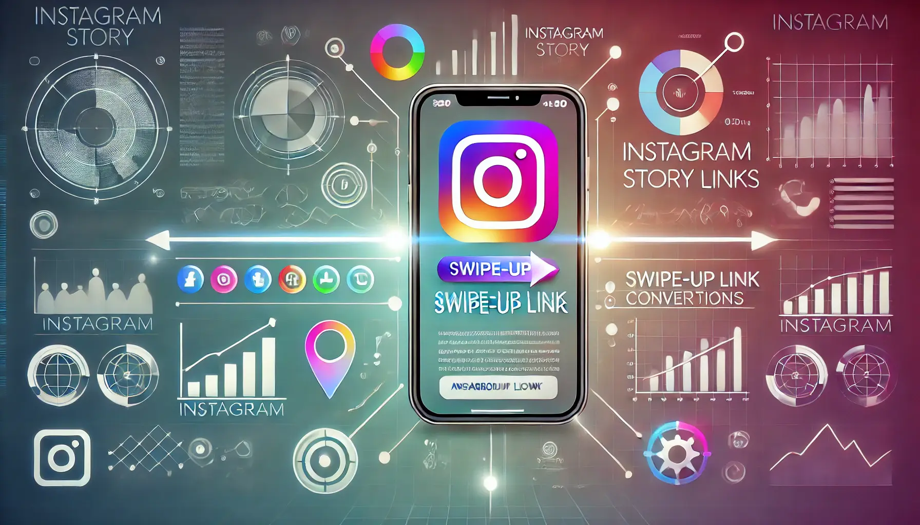 An Instagram story with a swipe-up link, surrounded by analytics icons representing tracking, charts, and performance metrics.