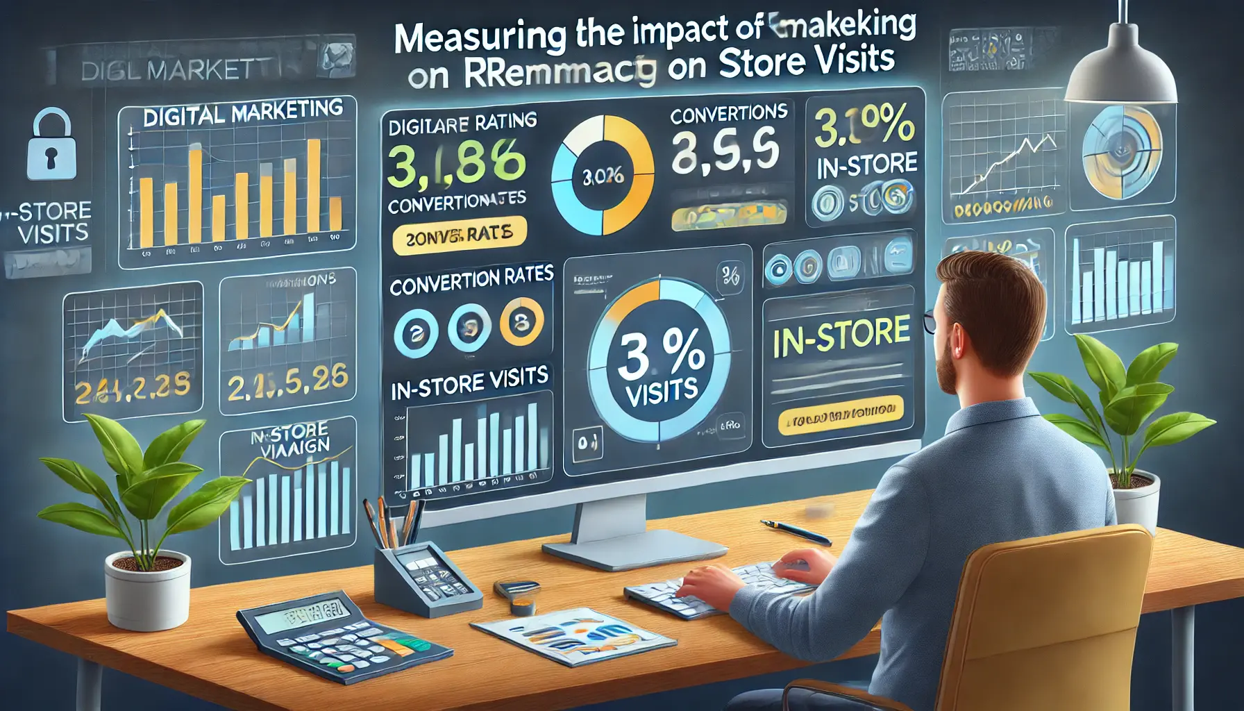 Digital marketing professional analyzing a dashboard with performance metrics, including conversion rates and in-store visit data.