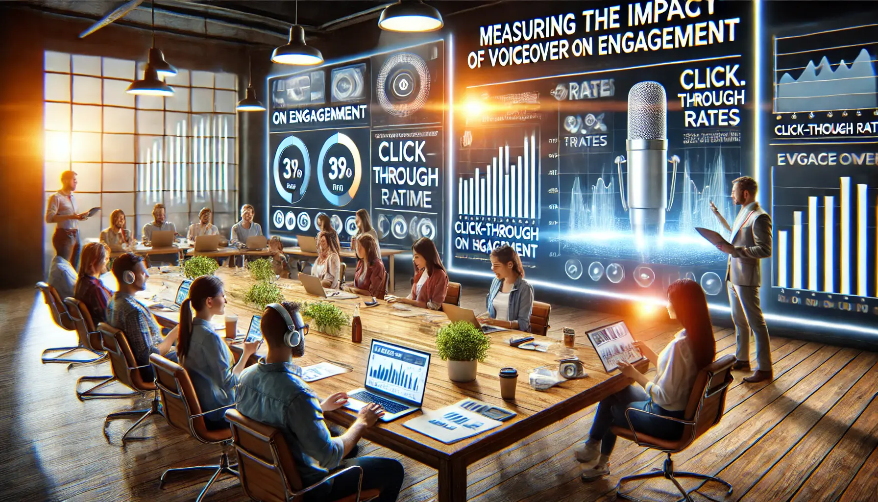 A digital marketing team analyzing metrics on a large screen, with graphs and charts showing audience engagement data from a voiceover ad campaign.