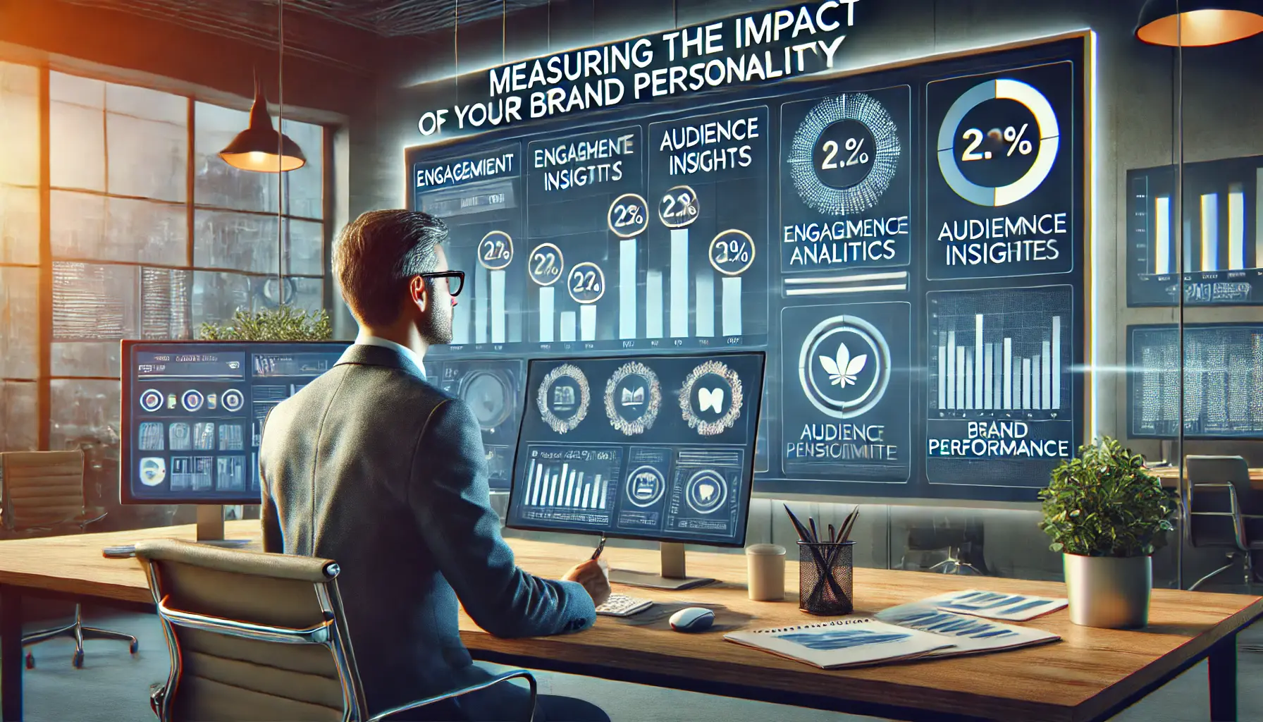 A marketing analyst reviewing brand performance metrics on a large digital dashboard displaying engagement analytics and audience insights.