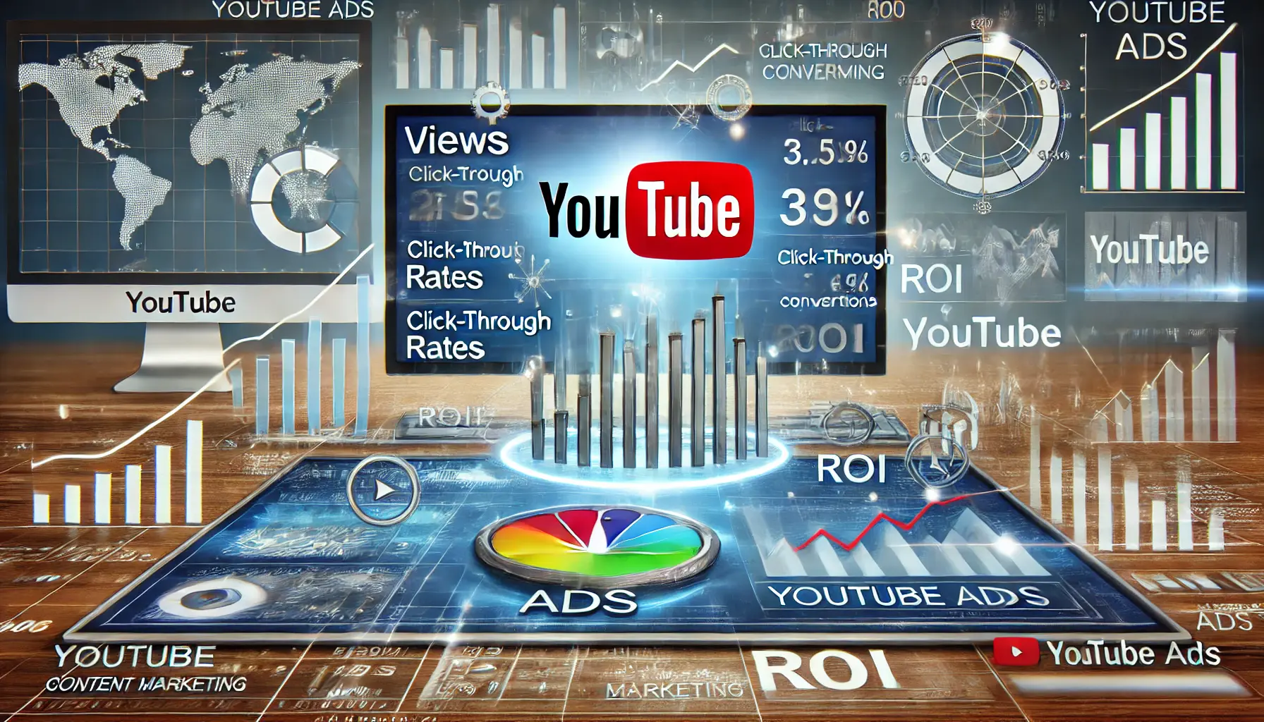 A digital screen displaying analytics data with graphs, charts, and icons representing YouTube ad performance metrics.