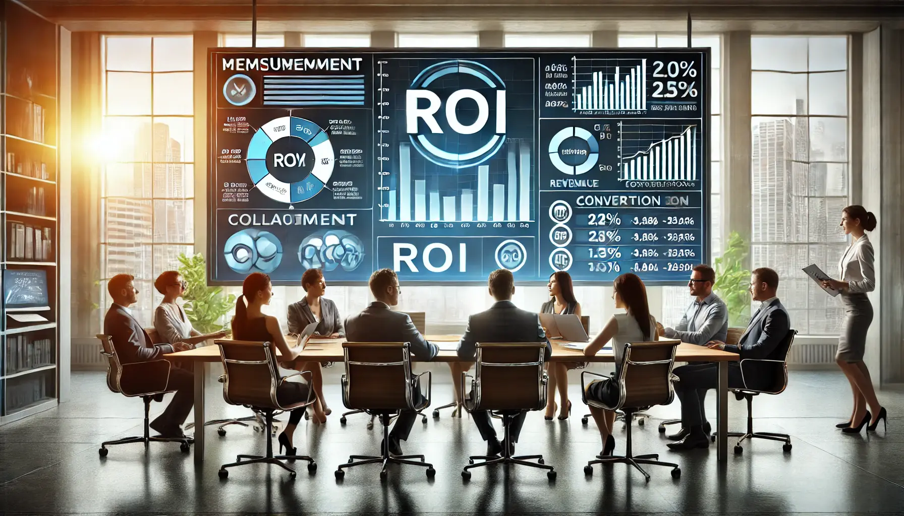 Marketers analyzing ROI metrics on a digital screen displaying graphs and conversion data in a modern workspace.