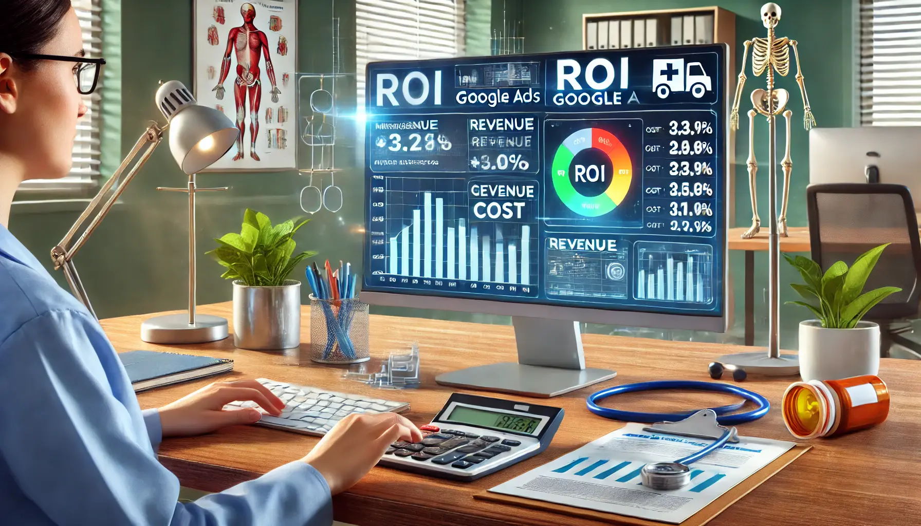 A healthcare marketer analyzing a computer screen displaying ROI metrics, with a calculator, medical charts, and a stethoscope on the desk.