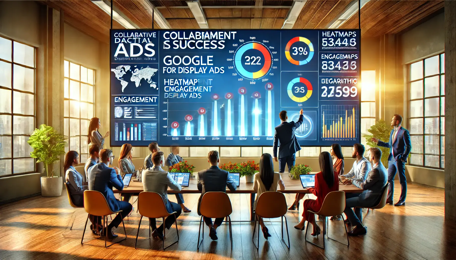 Marketers analyzing campaign performance data on a digital screen with heatmaps and graphs in a modern workspace.