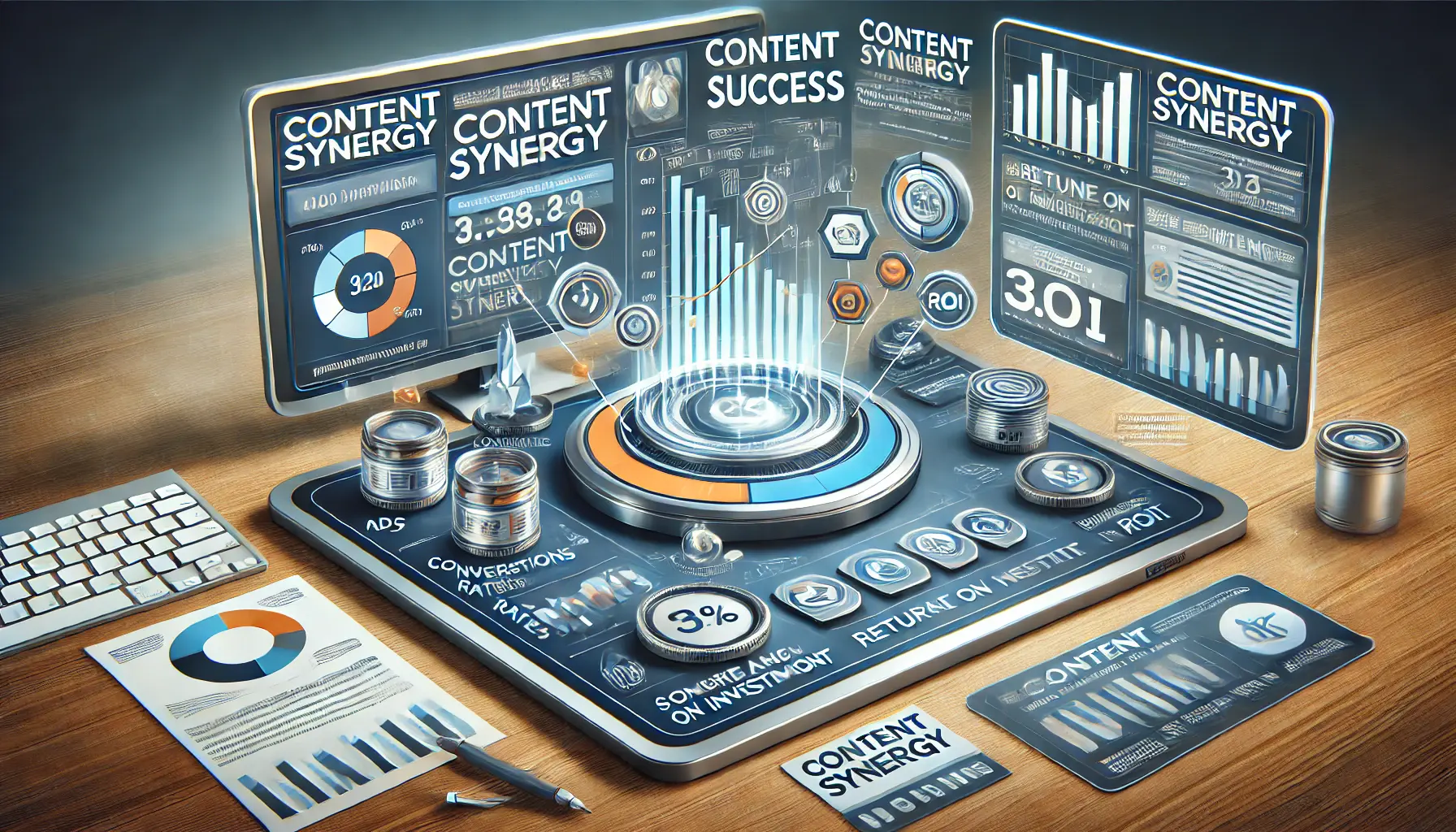 A digital dashboard showing charts and graphs representing key metrics like conversion rates and ROI, with digital marketing elements around it.