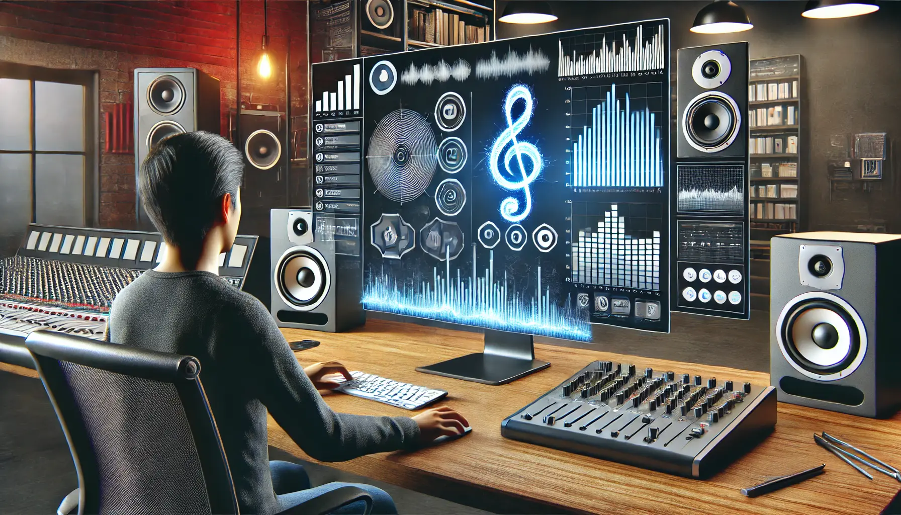 Image of a sound technician reviewing metrics such as graphs and sound wave visualizations on a computer screen to measure the success of audio strategies.