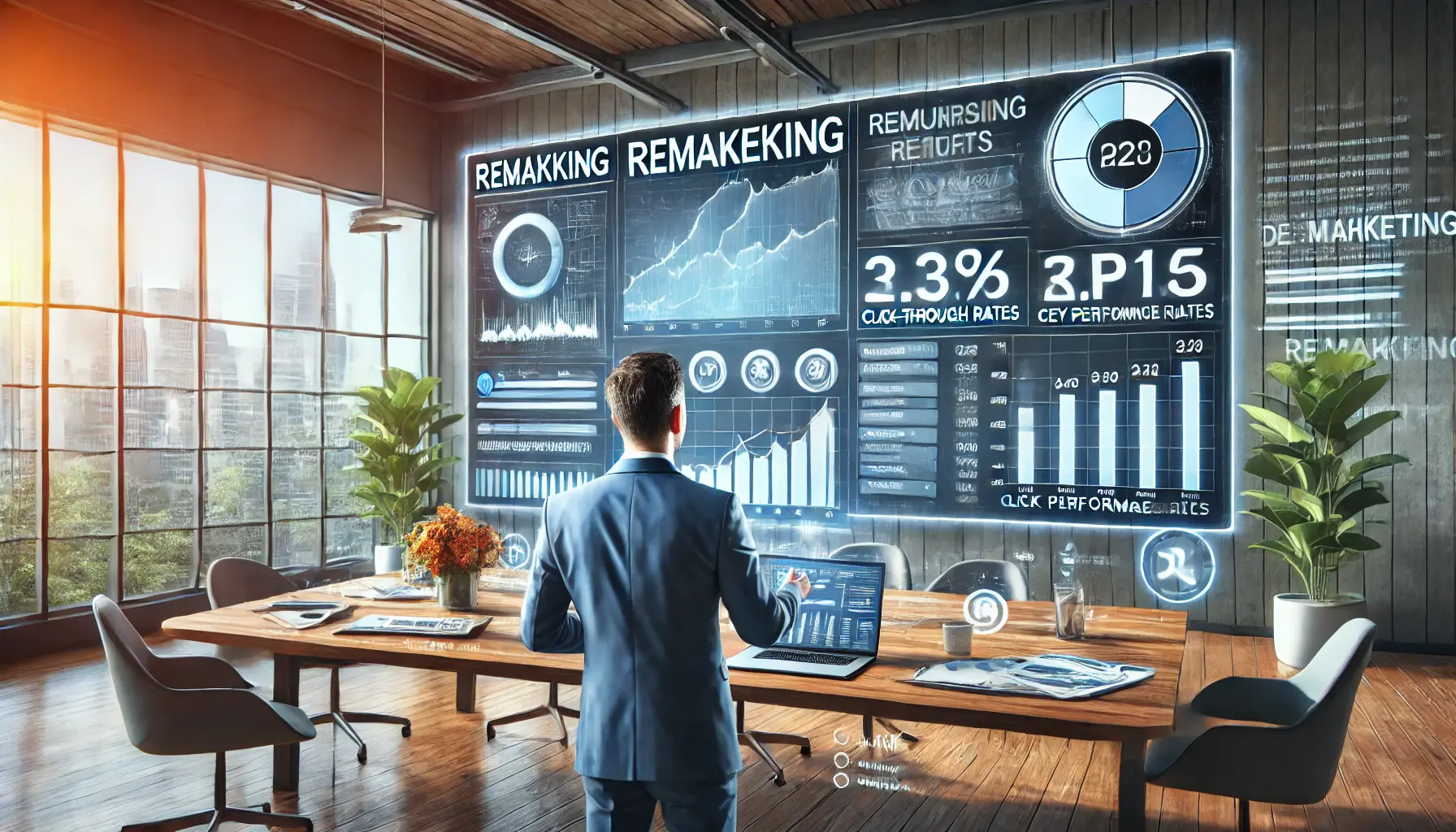 A digital marketing professional analyzing performance data on a screen, with graphs and charts showing key performance indicators (KPIs).