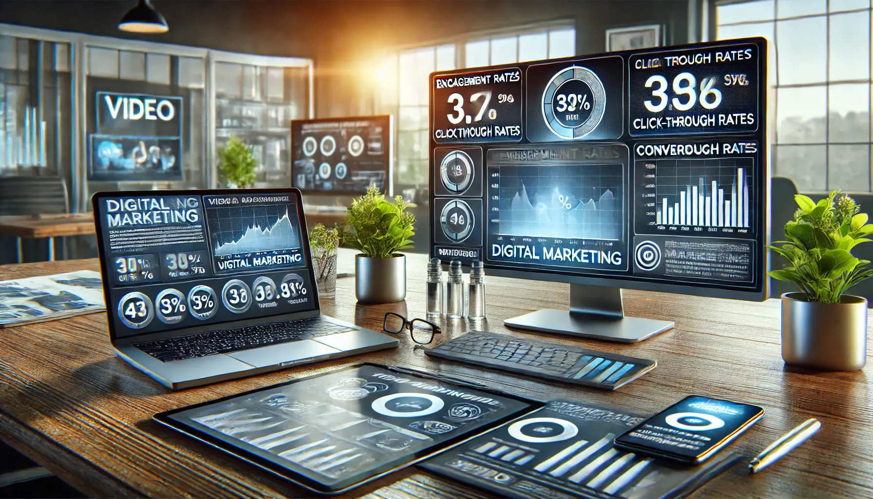 Digital marketing workspace showing performance metrics and analytics for video ad campaigns.