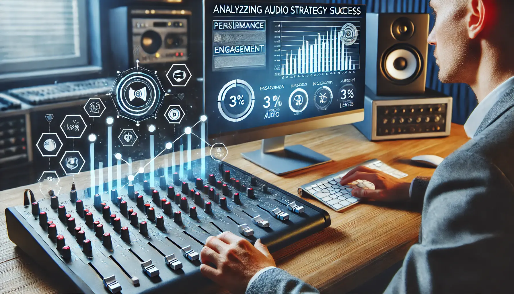 Image of a sound technician analyzing performance metrics on a computer screen, representing the measurement of audio strategy success.