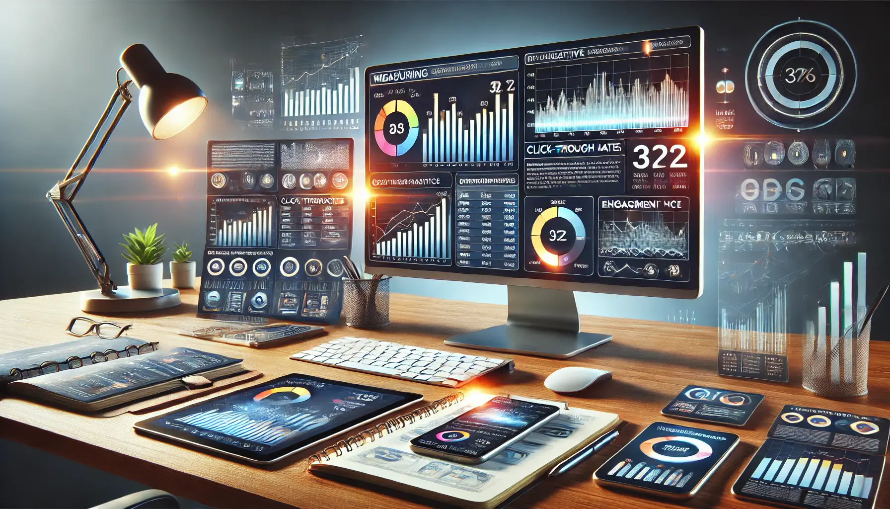 A professional workspace with a monitor showing analytics dashboards, surrounded by tools for measuring ad performance.