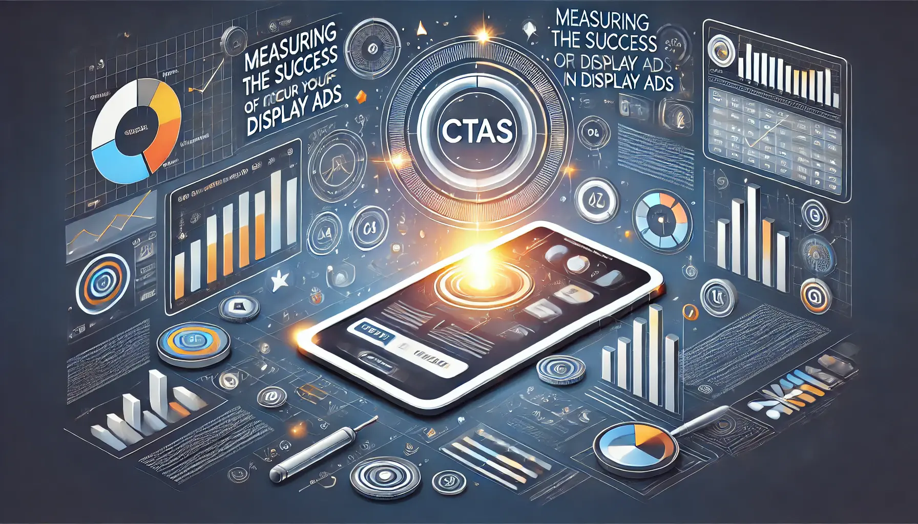 An image featuring a glowing call-to-action button with graphs, charts, and analytics symbols to represent performance tracking and measurement.