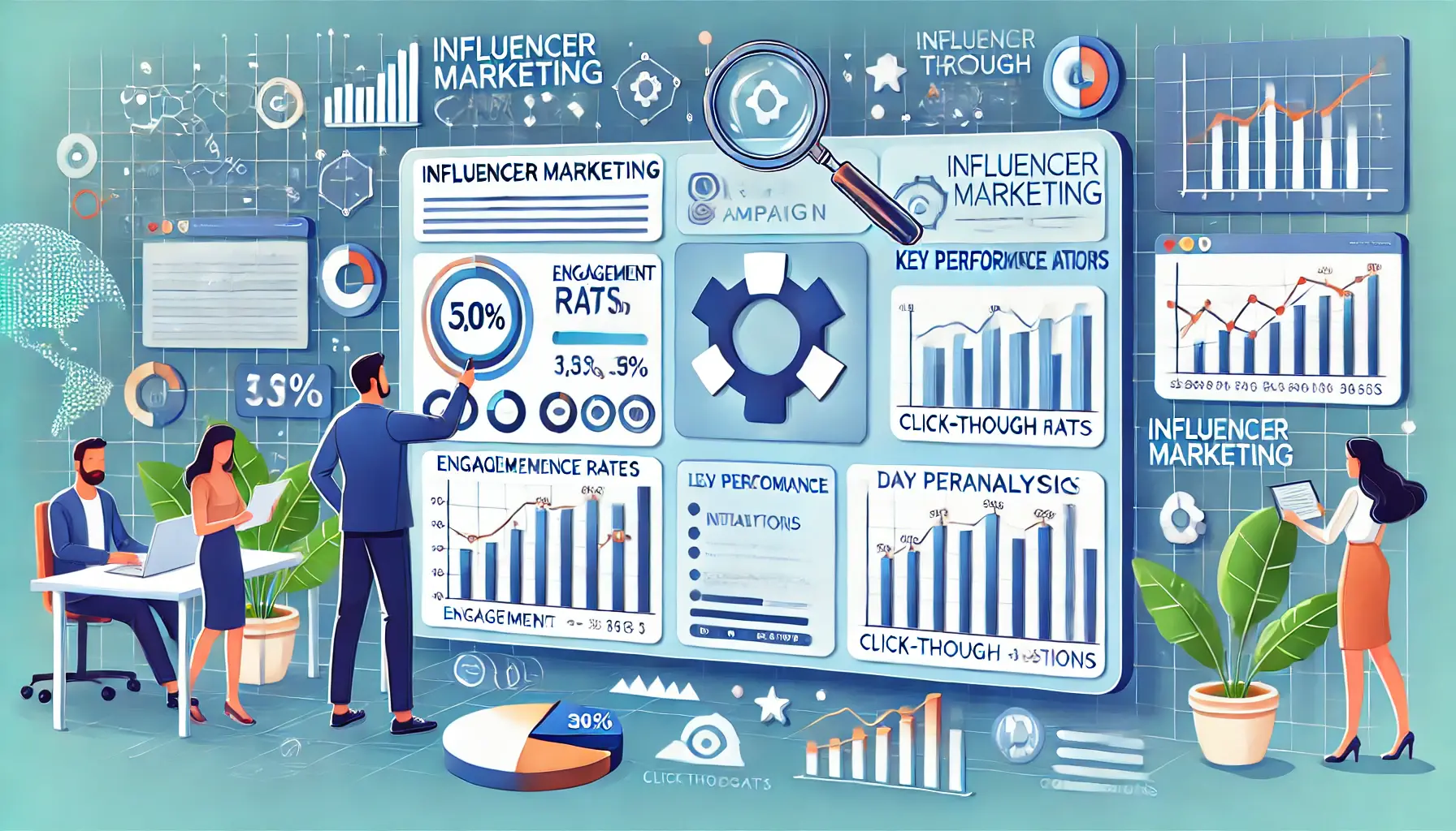 An illustration showing a marketer reviewing a dashboard with charts and graphs representing key performance indicators like engagement, click-through rates, and conversions.